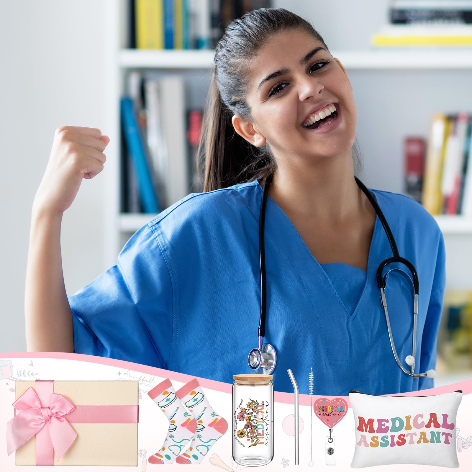 Skylety 5 Pcs Christmas Medical Assistants Gifts Sets for Women 16 oz Glass Cup Sock Cosmetic Bag Badge Reel Present Box Novelty