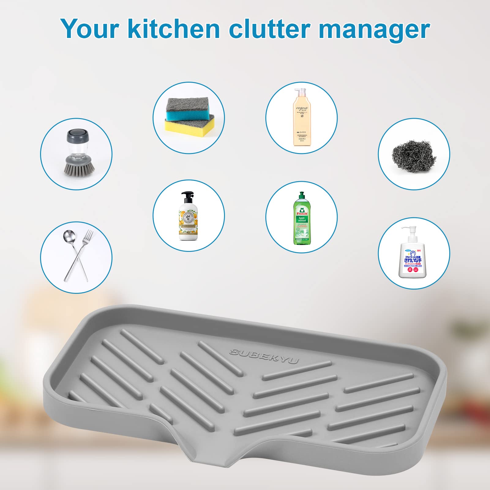 Subekyu Silicone Kitchen Soap Tray, Sink Tray For Kitchen Counter/Soap Bottles, Sponge Holder And Organizer With Drain Spout, Gr