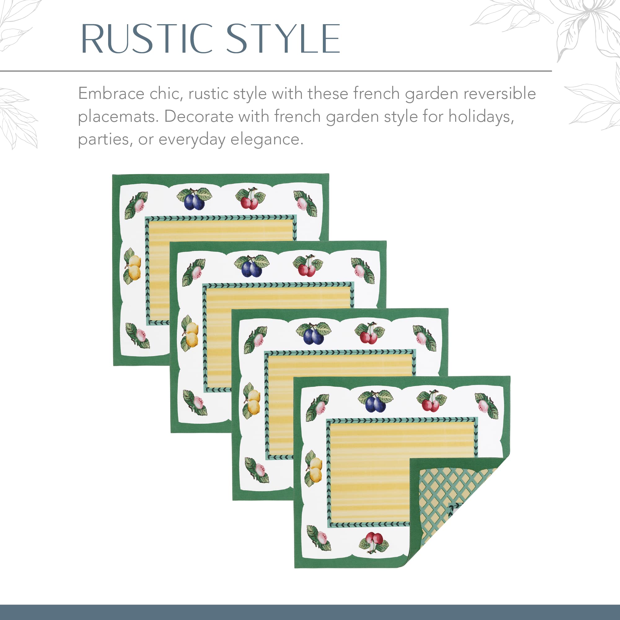 Villeroy & Boch French Garden Reversible Placemats, Rectangle Placemats For Dining Tables, 14'' X 20'', Set Of 4