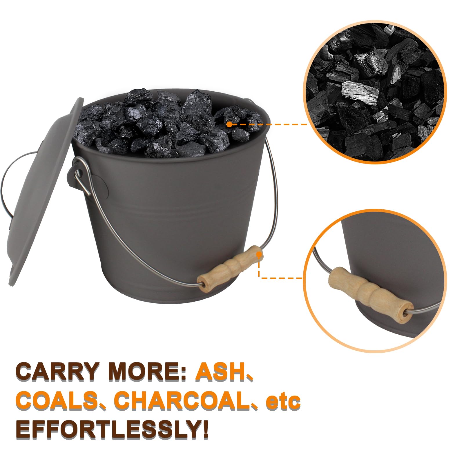 Brian & Dany Mini Ash Bucket With Lid And Shovel, 1.5 Gallon Fireplace Metal Bucket With Broom, Coal Bucket Ash Can For Fireplac
