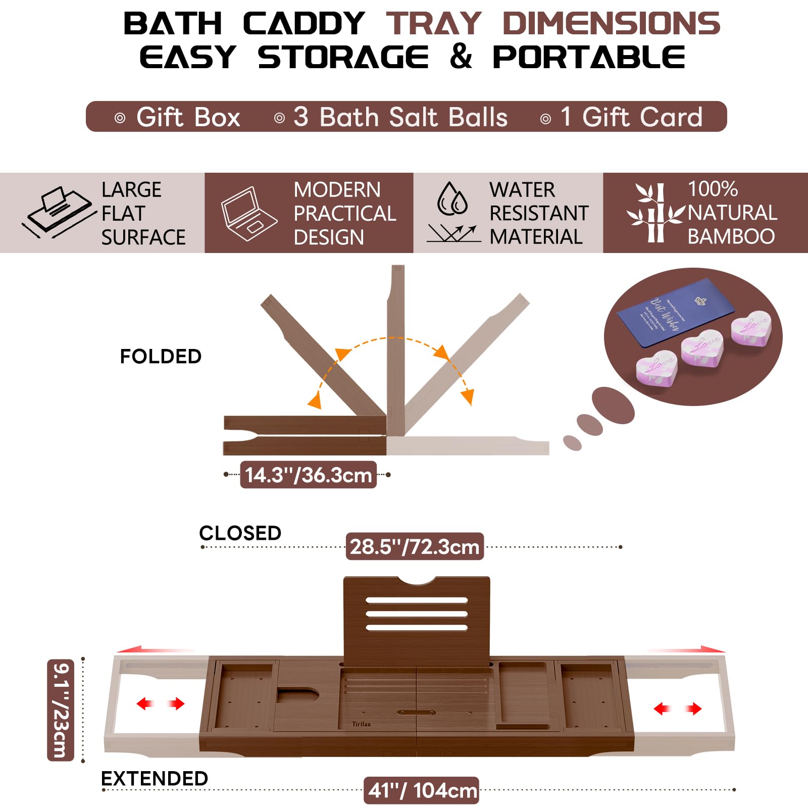 Yirilan Bathtub Caddy Tray, Foldable Bathroom Tray With Extending Side, And Waterproof Fabric Bookshelf, Luxury Bath Tray -Brown