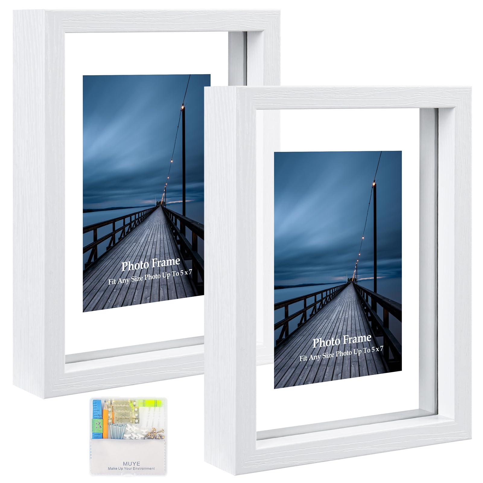 MUYE 5x7 Floating Frame Set of 2,Double Real Glass Photo Frame for Wall Hanging or Tabletop Standing,Also Display 4x6 or 3x5 Pho