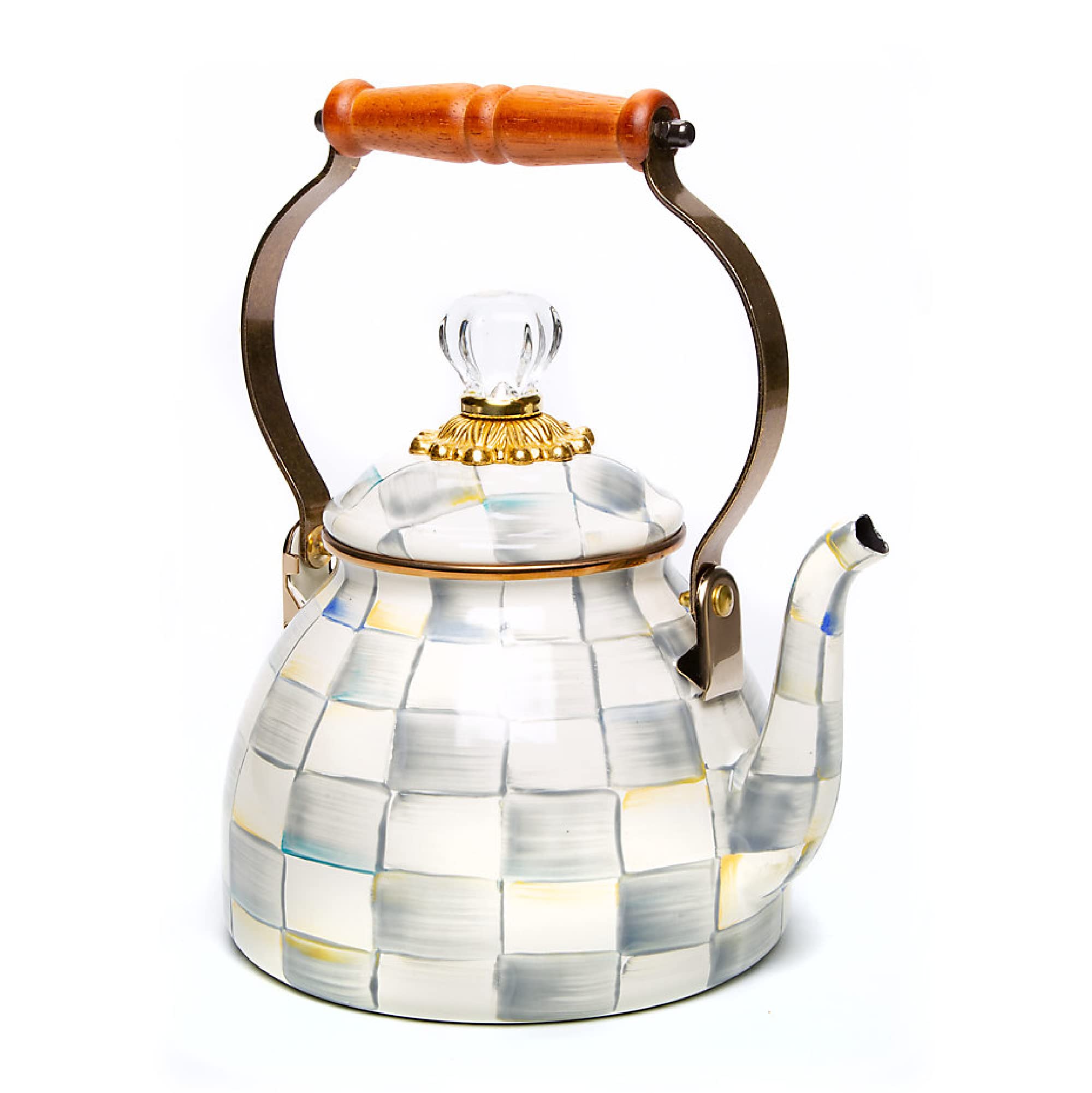 Mackenzie-Childs Sterling Check Enamel Tea Kettle, Decorative Tea Kettle, 2-Quart Capacity