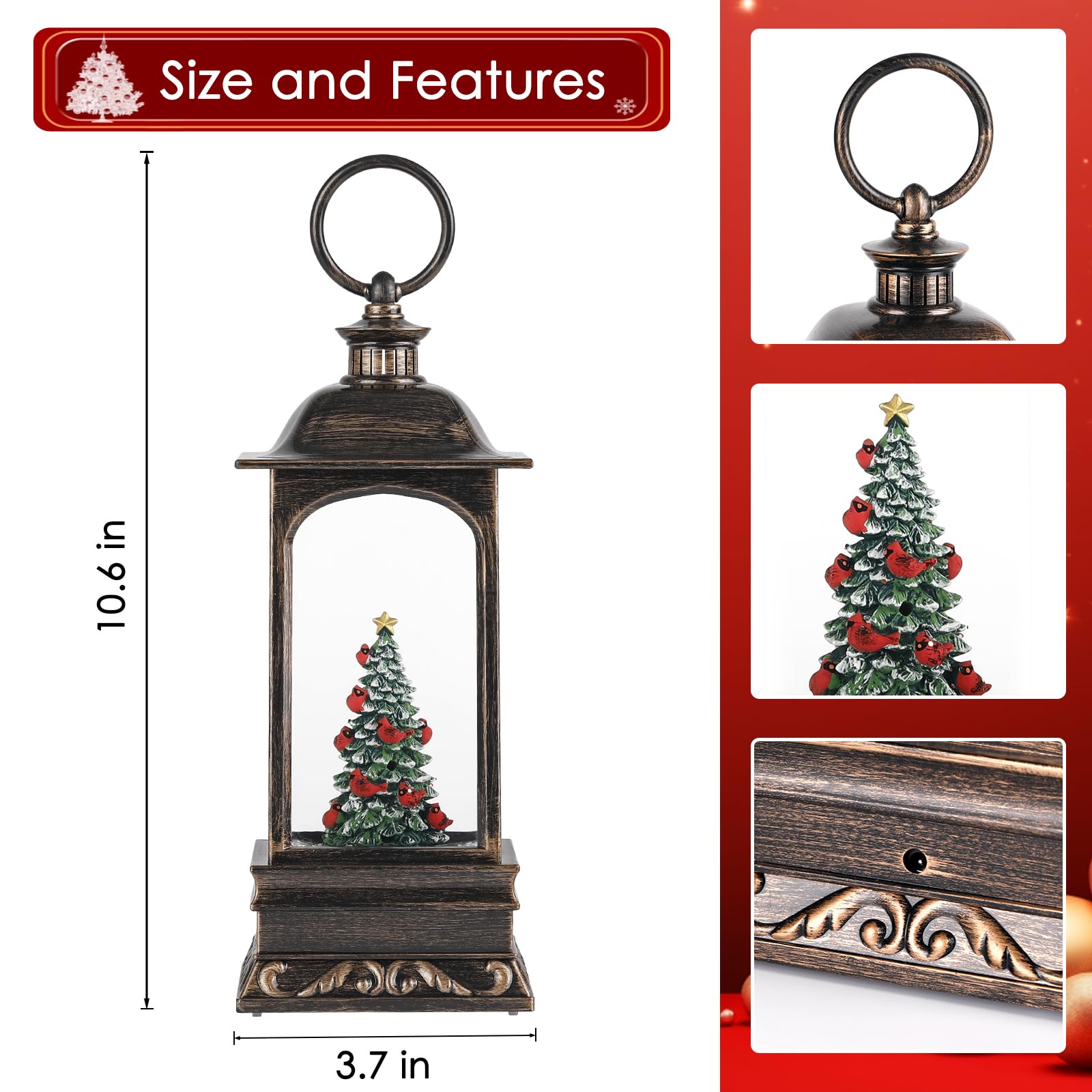 Snow Globe Christmas Decorations, 6H Timer Lighted Christmas Lantern Musical Snow Globe for Home Decor (Xmas Tree & Cardinals)