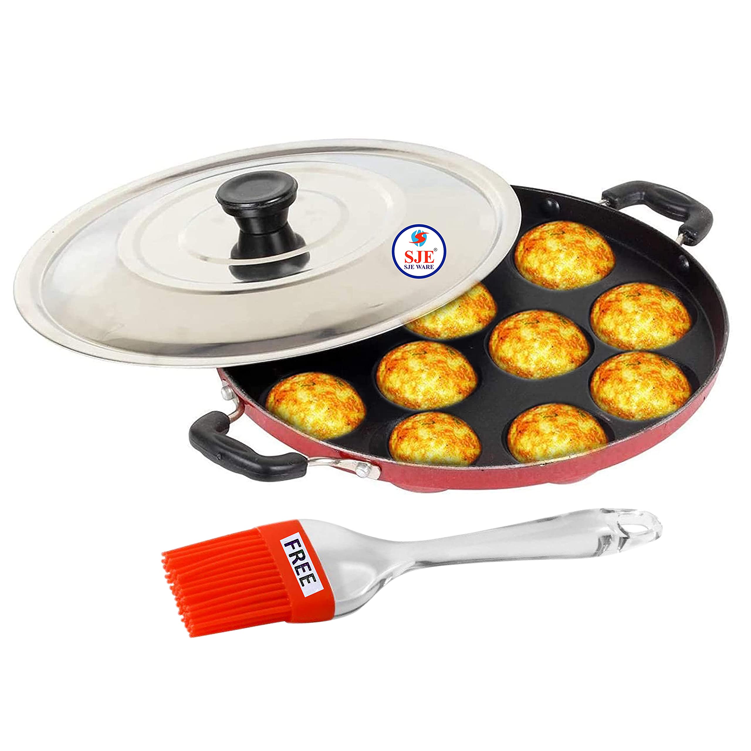 Sjeware Non Stick Appam Patra 12 Cavity With Stainless Steel Lid And Silicon Brush