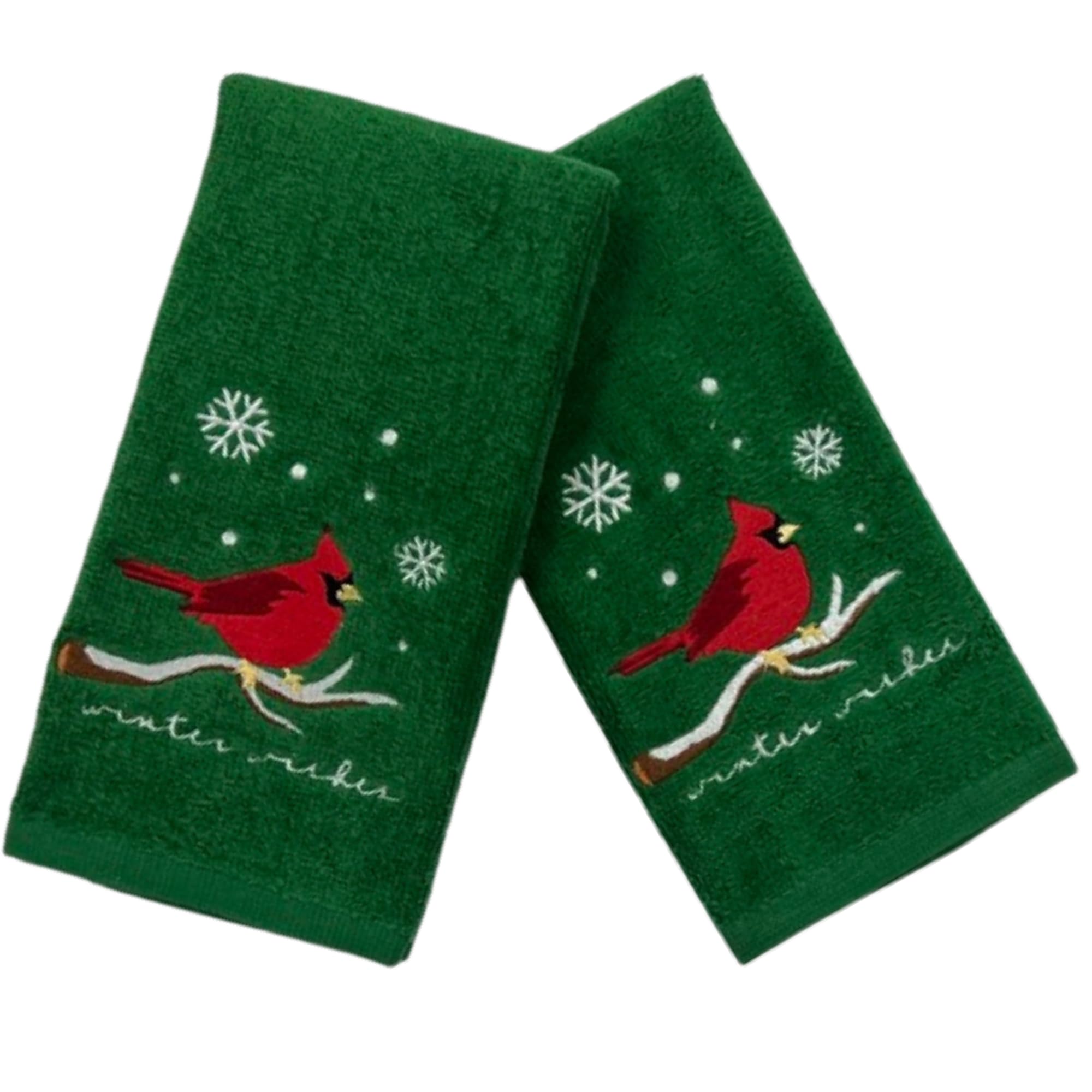 Green Christmas Fingertip Bath Towels, Embroidered Red Cardinal On Branch, 2 Piece Set, 12 X 18 Inches, 100% Luxury Cotton, Fest