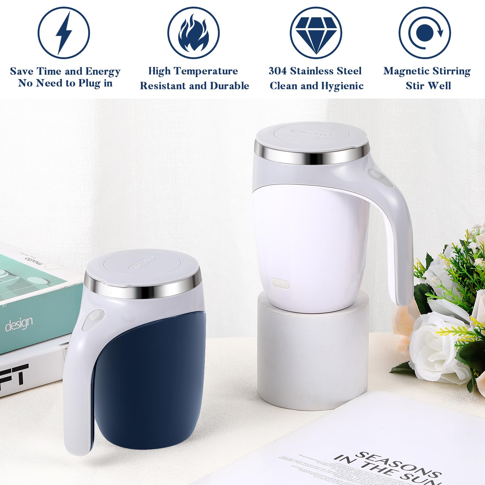 Patelai 2 Pcs Self Stirring Coffee Mug Bulk Mixing Cup 13.5Oz Stainless Steel Automatic Travel Stirring Mug Gift For Men Woman F