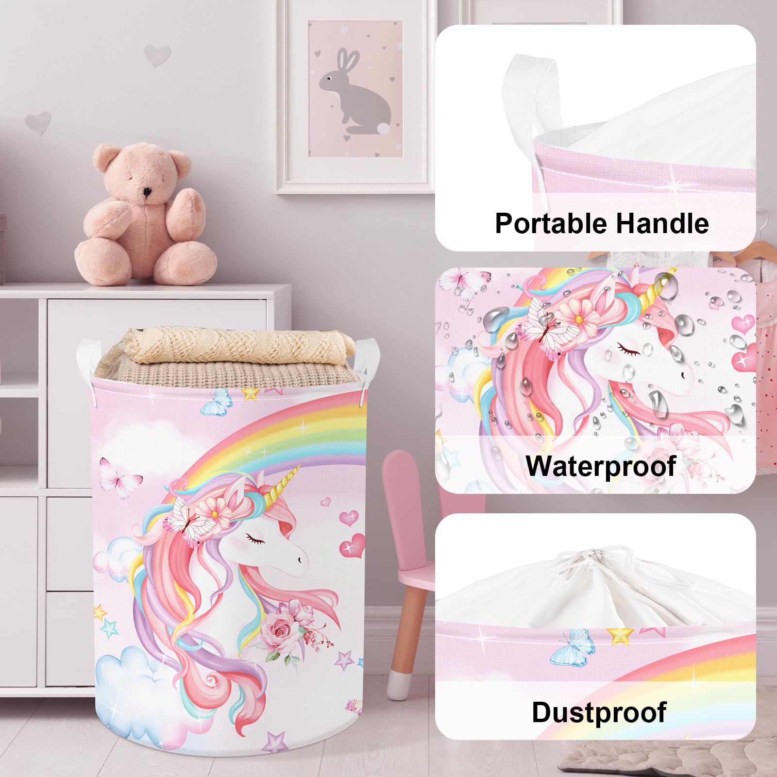 Clastyle Large Rainbow Unicorn Kid Laundry Hamper For Girl Collapsible Pink Flower Clothes Toy Storage Basket With Lid For Nurse