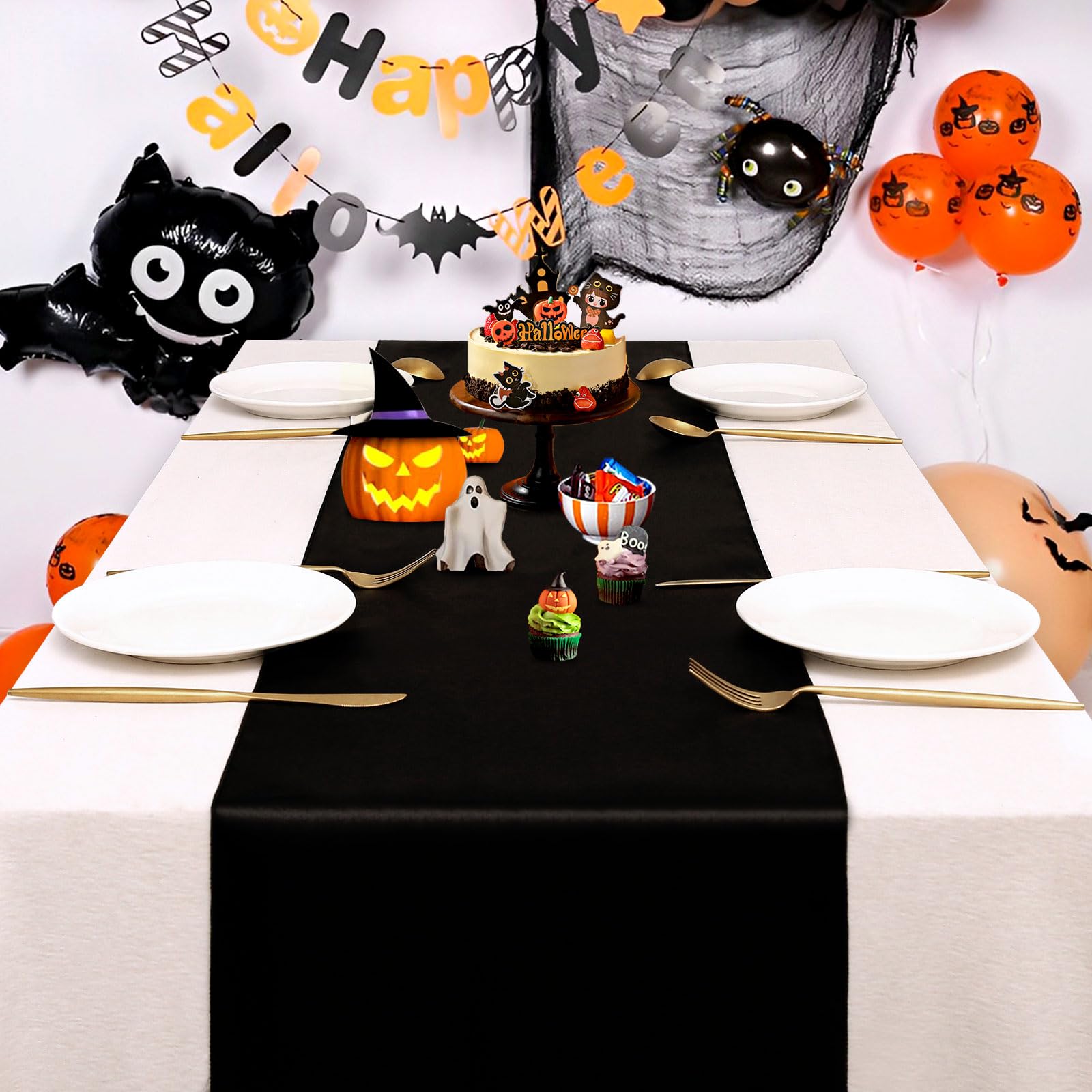 24 Pack Black Table Runners 12 X 108 Inches Long Smooth Satin Silk Black Table Runner For New Year Party Black Halloween Wedding