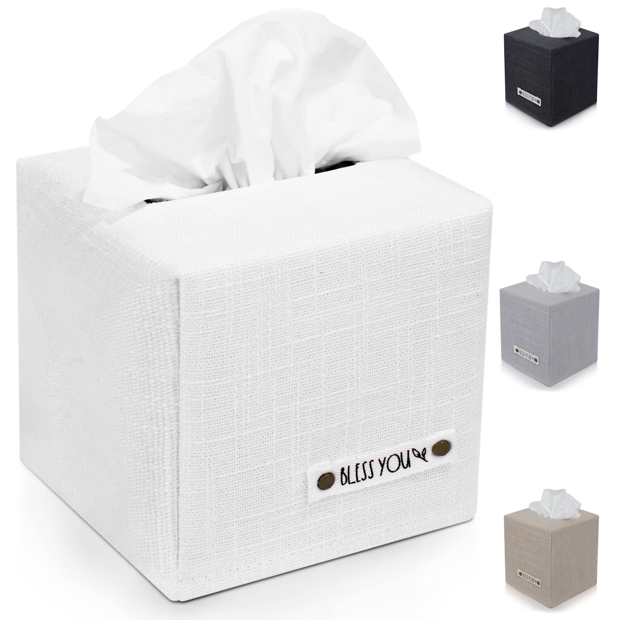 Stylish Tissue Box Cover - This White Linen Holder Instantly Covers Your Square Tissue Boxes - The Perfect Cube Cover For Your B