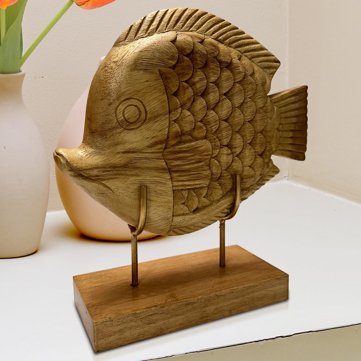 Decozen Handcrafted Solid Wood Lucky Fish Sculpture From Daughter, Son, Husband - Ideal For Home, Mantel, Fireplace, And Foyer D