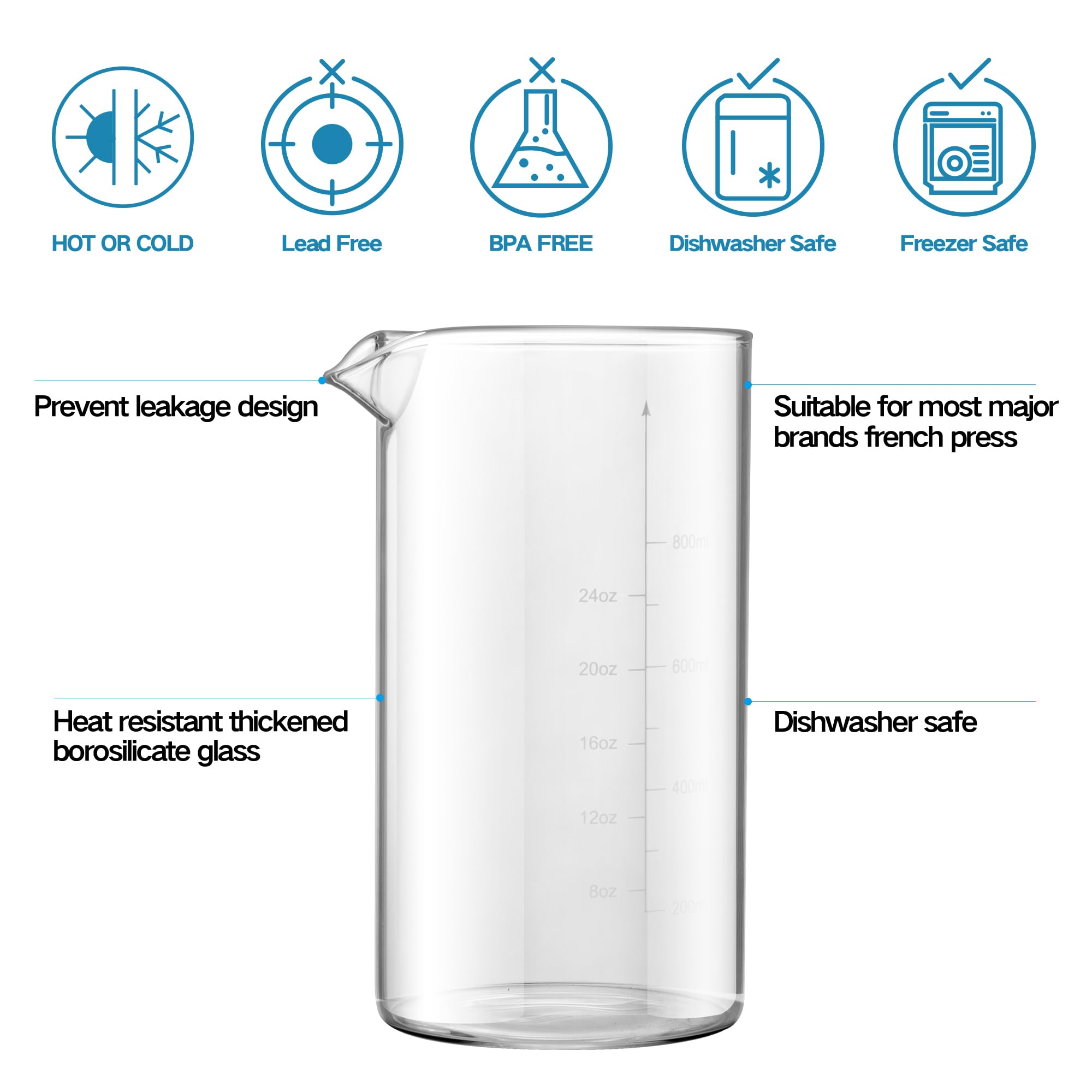 Standard Universal Design 34 Oz French Press Replacement Glass Beaker, Fits Most Brands French Press Coffee Makers (1Quart / 100
