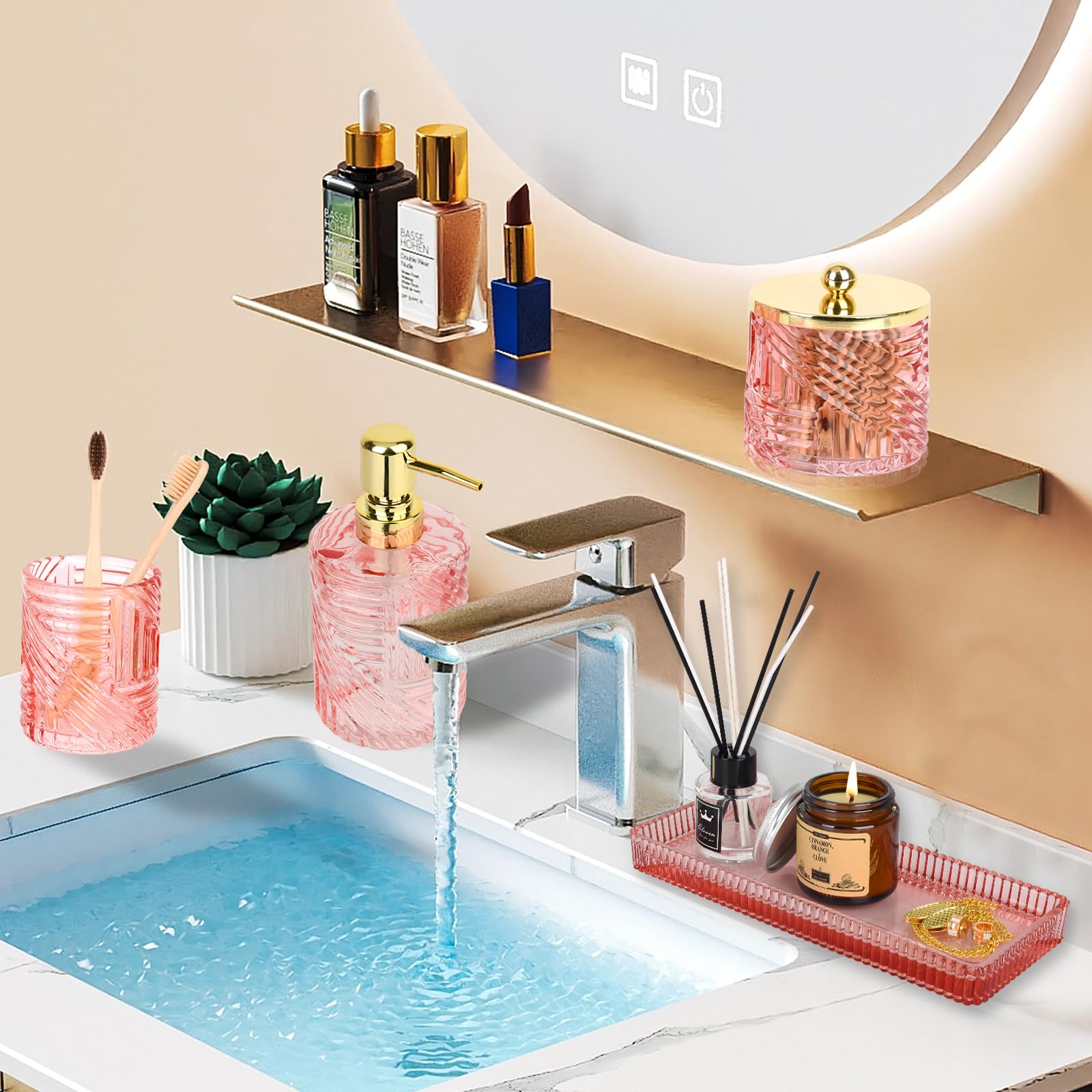 Bathroom Accessories Set,4 Pcs Pink Glass Bathroom Accessories Sets Complete With Lotion Soap Dispenser,Toothbrush Holder,Qtip H