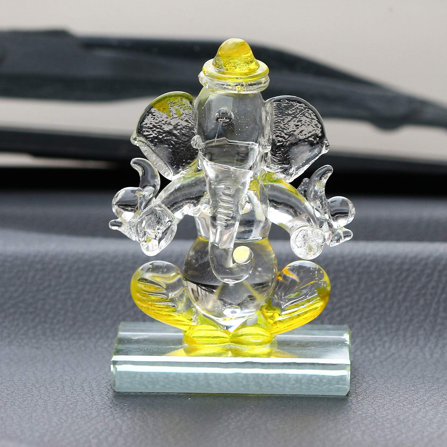 Ecraftindia Yellow And Transparent Double Sided Crystal Car Ganesha Showpiece