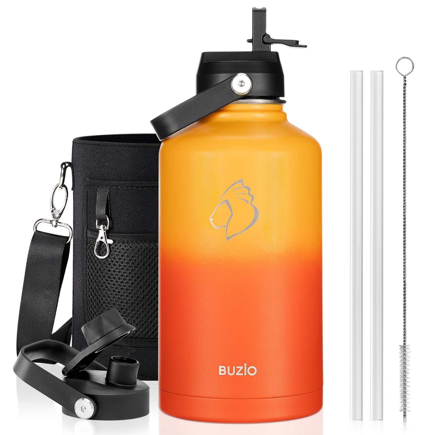 BUZIO 64oz Water Bottle, (Cold for 48 Hrs) Triple Wall Insulated Stainless Steel Leakproof Half gallon Jug/Flask with Straw Lid 