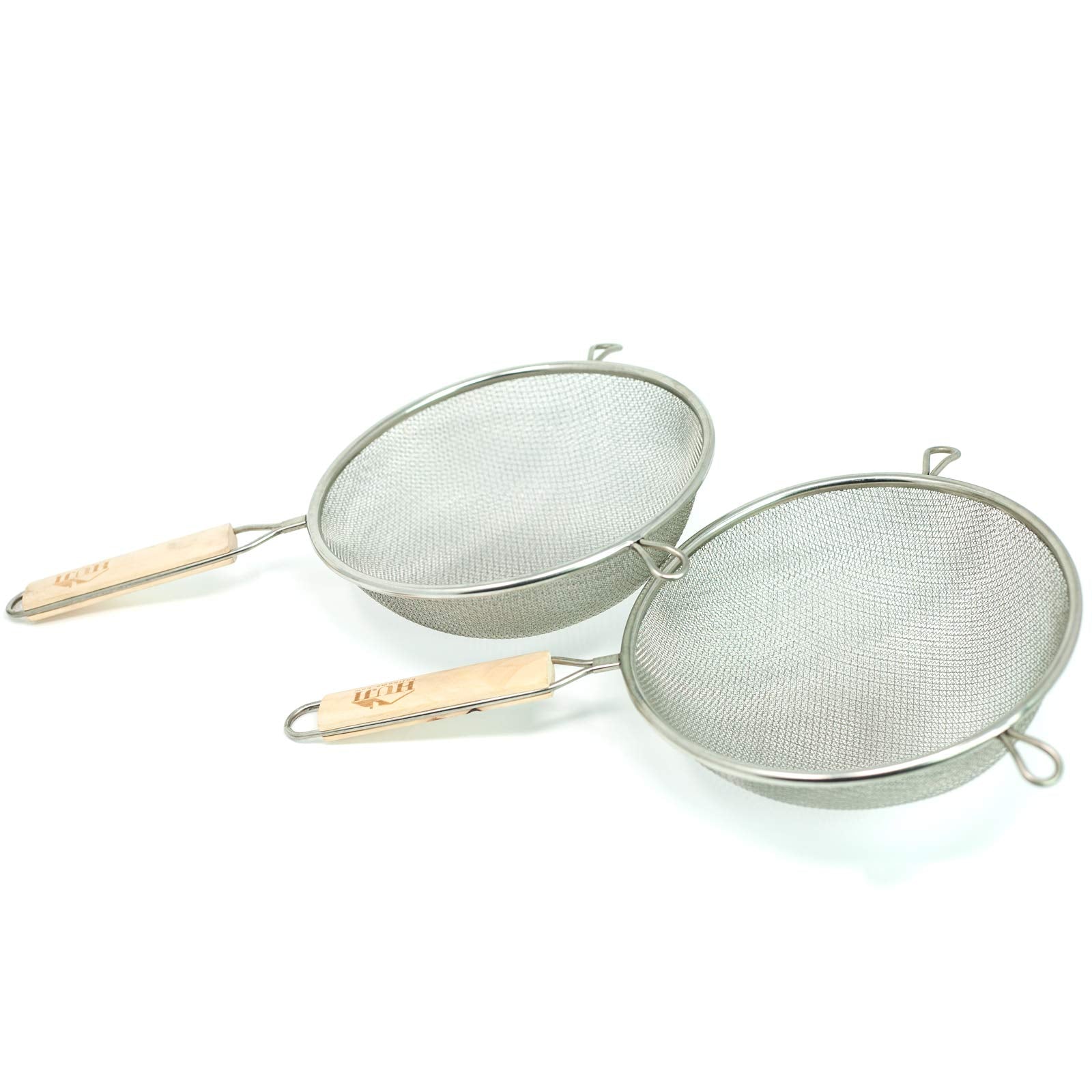 Huji Stainless Steel Fine 8'' Double Mesh Food Strainer Colander Sieve Sifter With Wooden Handle For Kitchen Rice Pasta Noodles