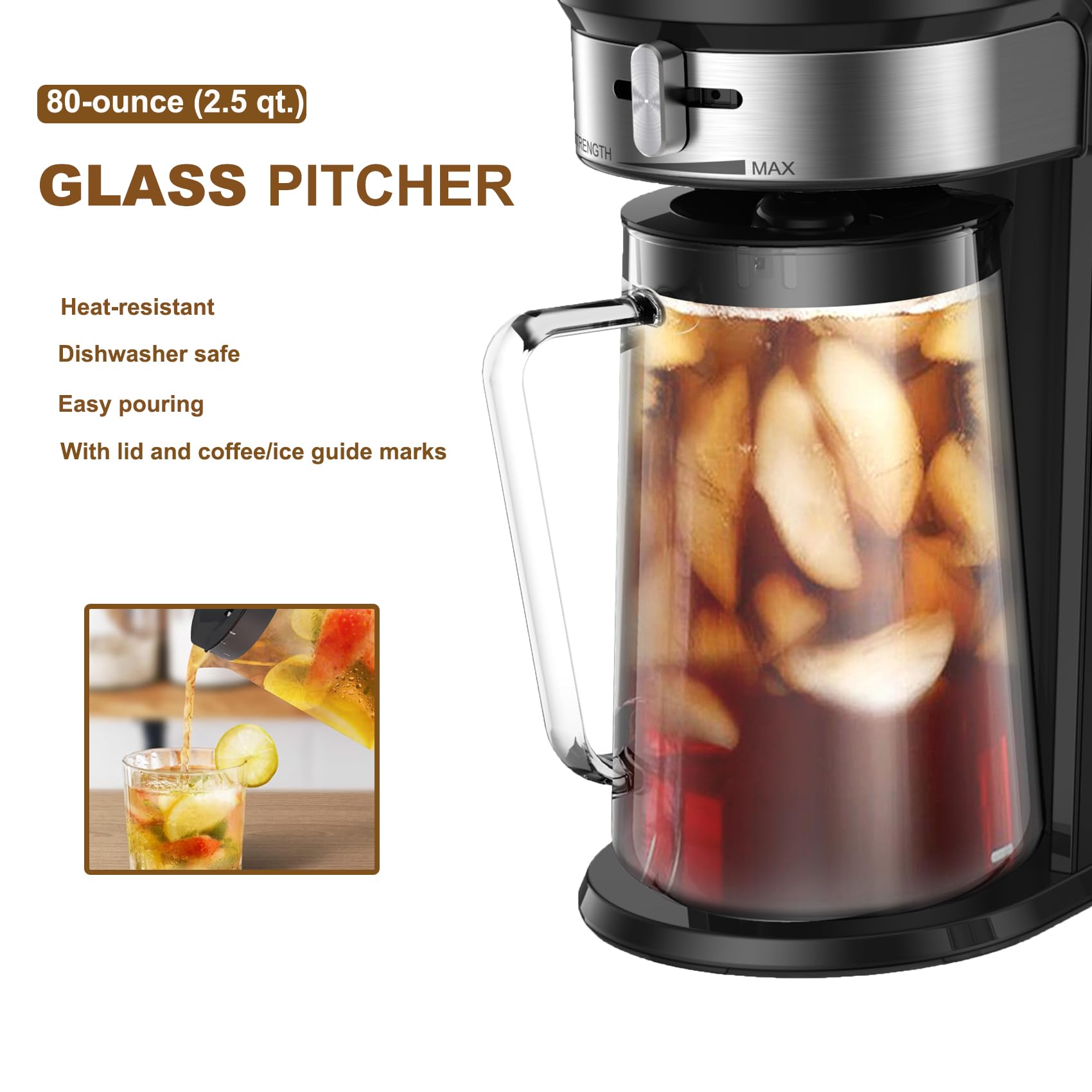LITIFO Iced Tea and Coffee Maker, 2.5QT Stainless Steel, Black 2.0, with Strength Selector for Custom Taste