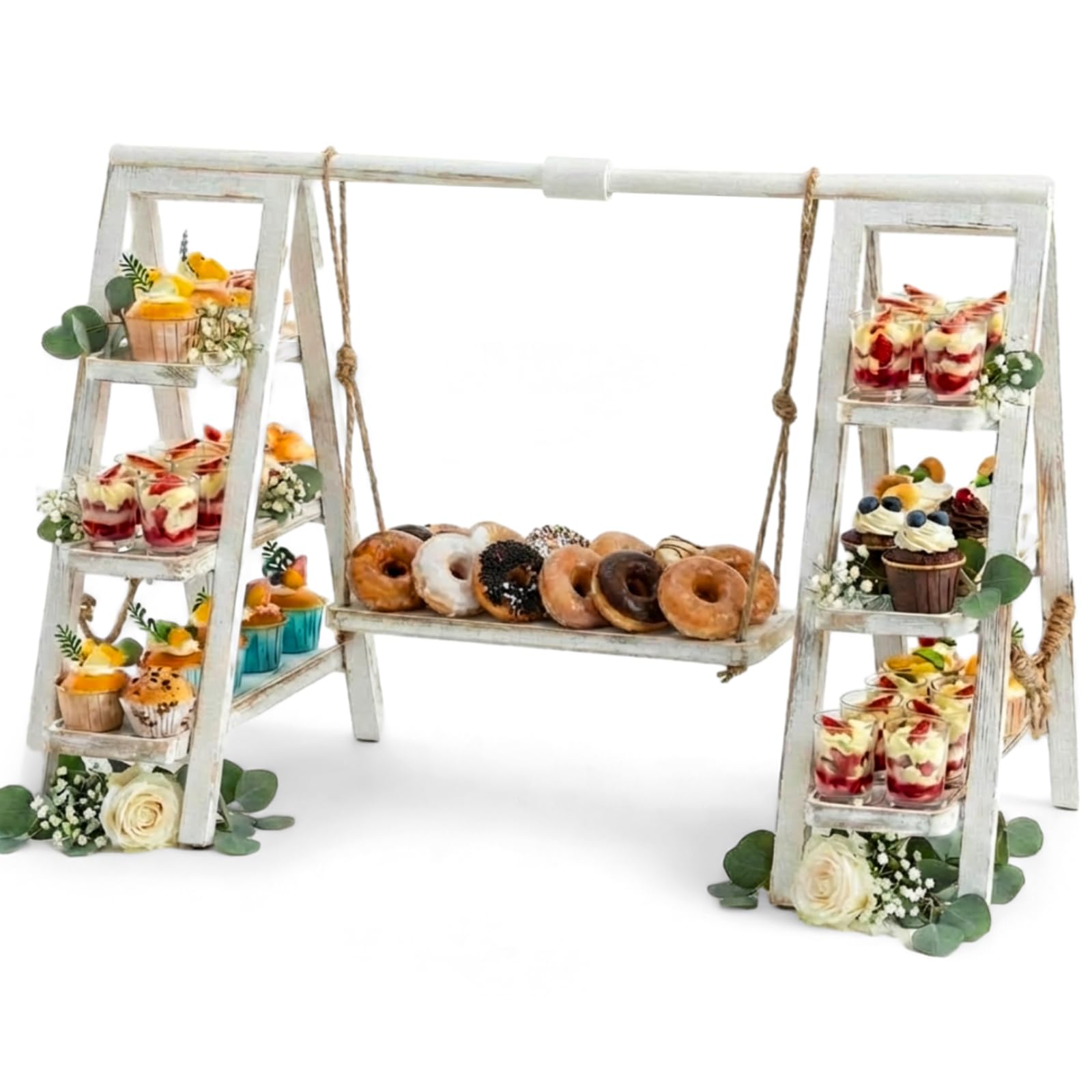 Wooden 3 Tier Swing Cupcake Stand with Serving Platter Foldable Ladder Stand Dessert Display Snack Fruit Cake Bread Centerpieces