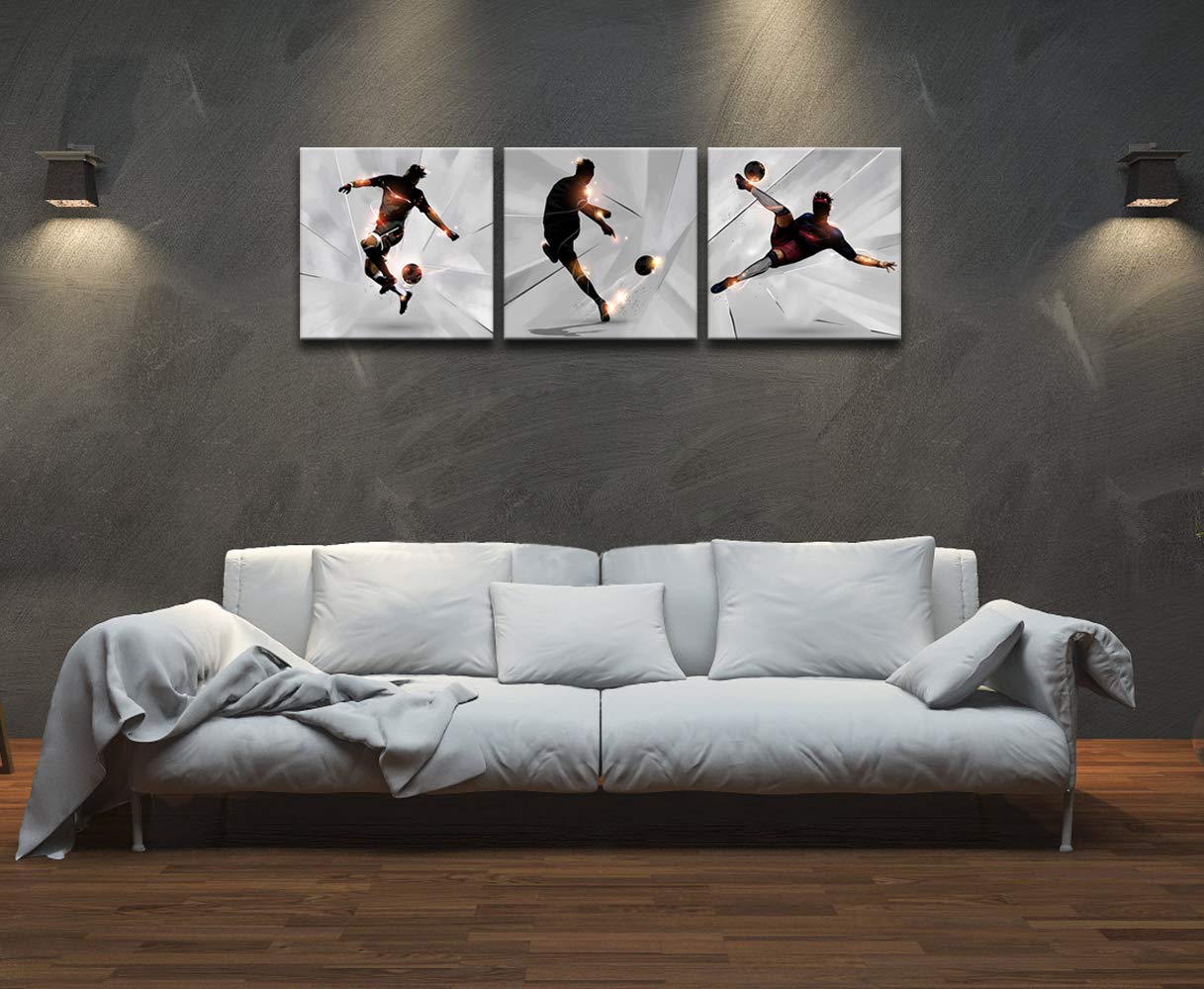 Klvos 3 Piece Soccer Wall Art For Teen Boys Abstract Sports Themed Picture Giclee Print On Canvas Kids Room Decor Football Art G