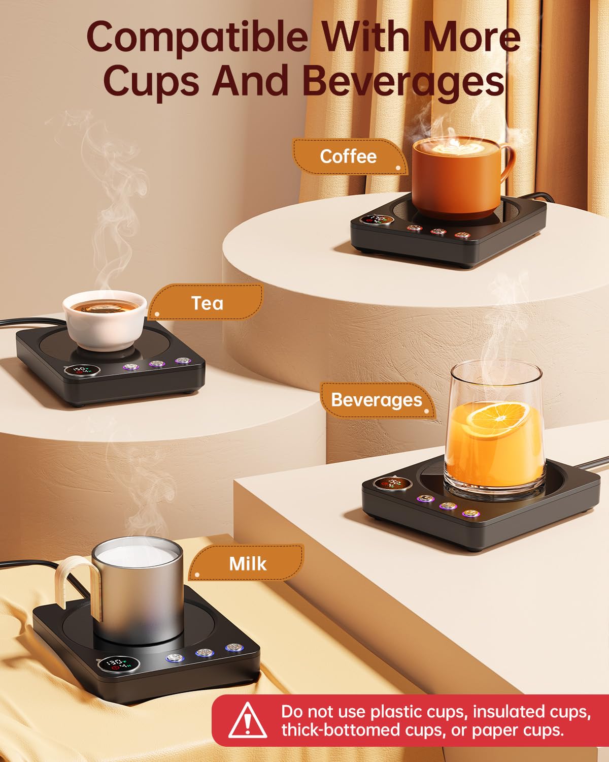 SWEETFULL Mug Warmer - 36W, 3 Temp Settings, LED Display, Timer, Black