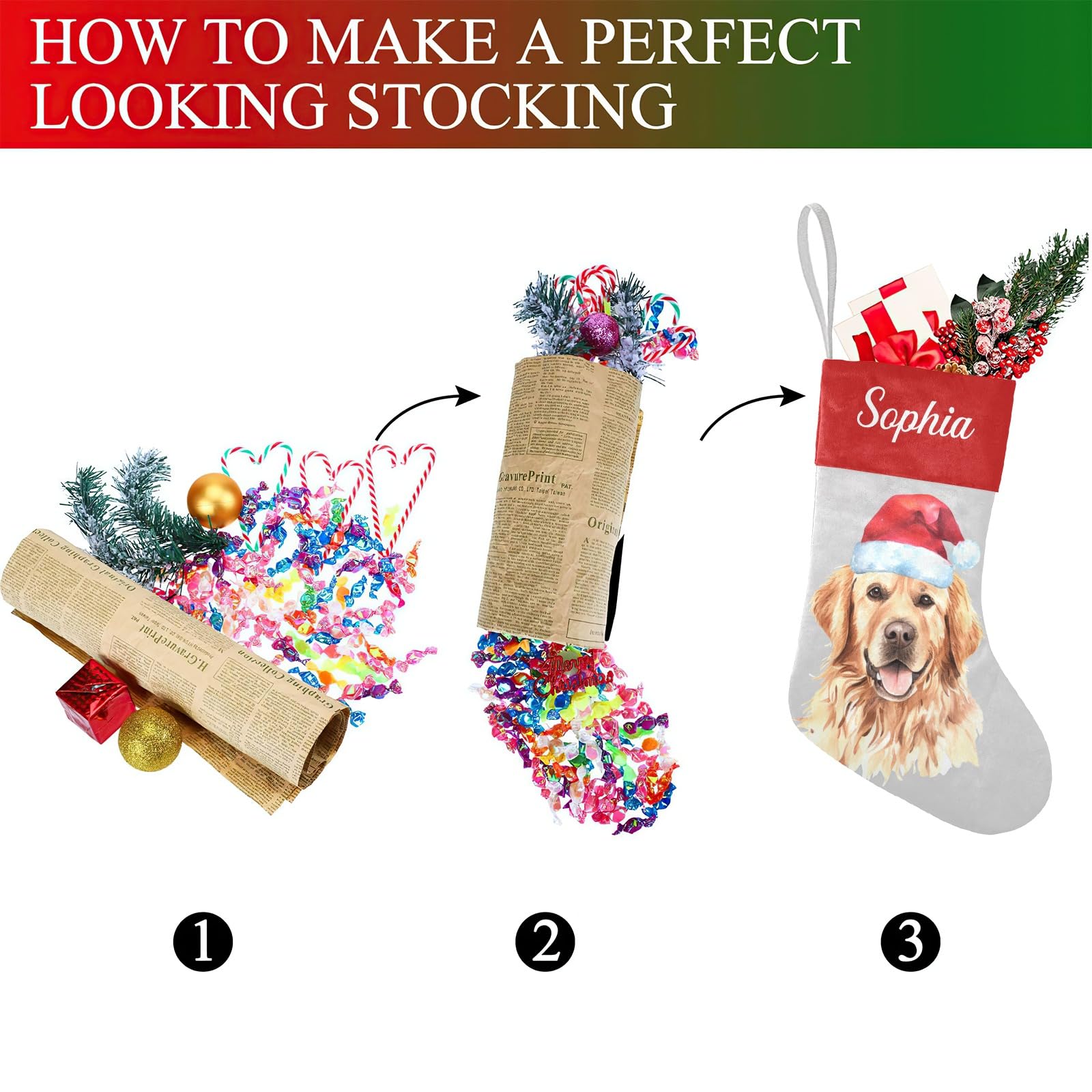 Personalized Santa Hat Golden Retriever Christmas Stockings with Name Custom Xmas Gift Fleece Holiday Decoration Gift 17.52 x 7.