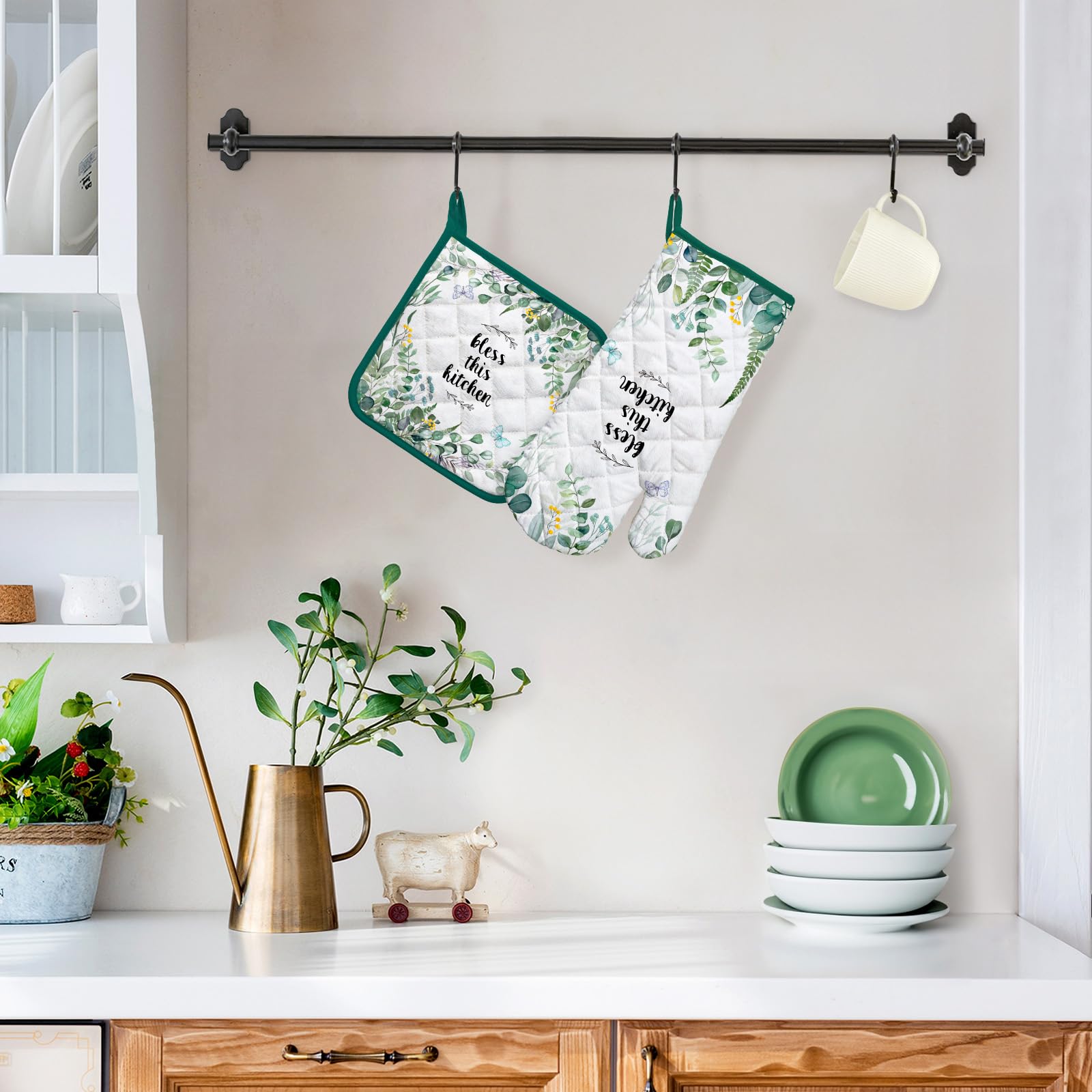 Arquiel Eucalyptus Leaf Oven Mitts And Pot Holders Sets 2Pcs, 100% Cotton Heat Resistant, Extra Long Oven Gloves Potholder For K