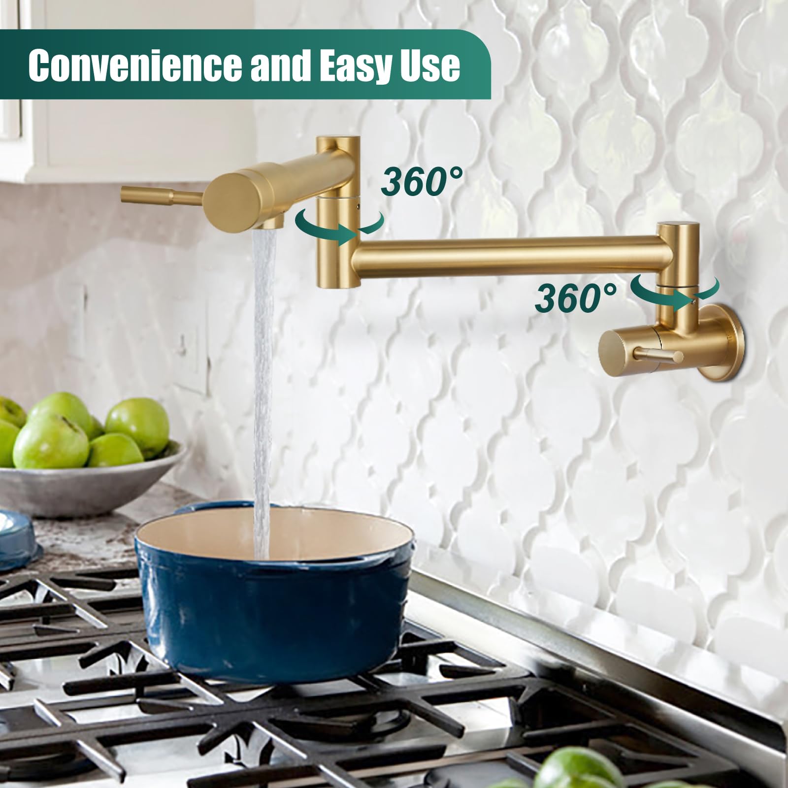 Heyalan Brushed Gold Pot Filler Faucet 19 Inch Folding Stretchable Wall Mount Kitchen Restaurant Faucet SUS304 Stainless Steel with Double Joint Swing Arm Single Hole Two Handles Commercial NPT