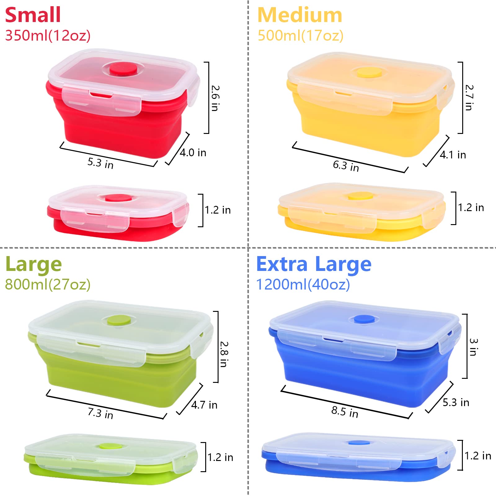 Xsuper Set Of 4 Collapsible Silicone Food Storage Container, Foldable Meal Prep Lunch Box Containers For Food With Airtight Lids