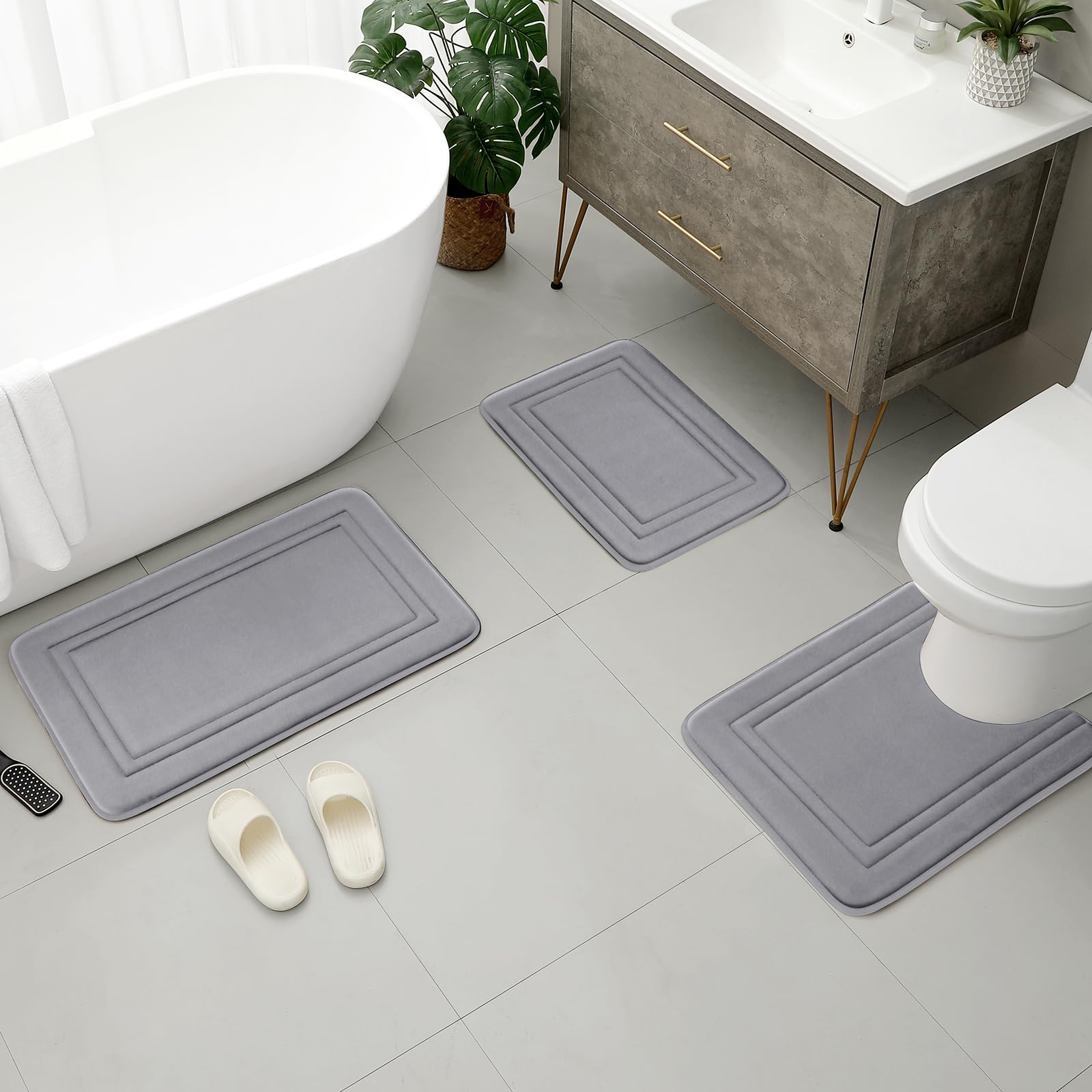 Bysure Grey Memory Foam Bath Mat, Non Slip Extra Soft Absorbent Machine Washable, Bathroom Rugs Sets 3 Piece For Toilet Shower S