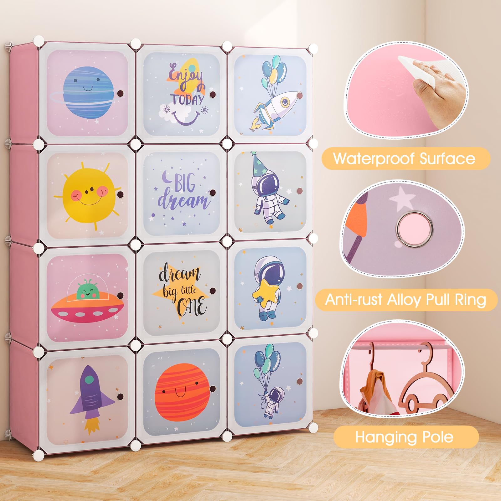 Infans Children Wardrobe, Kid Closet Portable Baby Dresser Cute For Kids Bedroom Nursery Armoire With Doors 12 Cube 2 Hanging Se