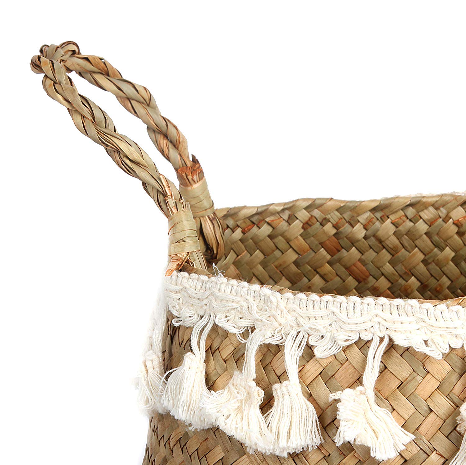 Bluemake Tassel Macrame Woven Seagrass Belly Basket For Storage, Decoration, Laundry, Picnic, Plant Basin Cover, Groceries And T