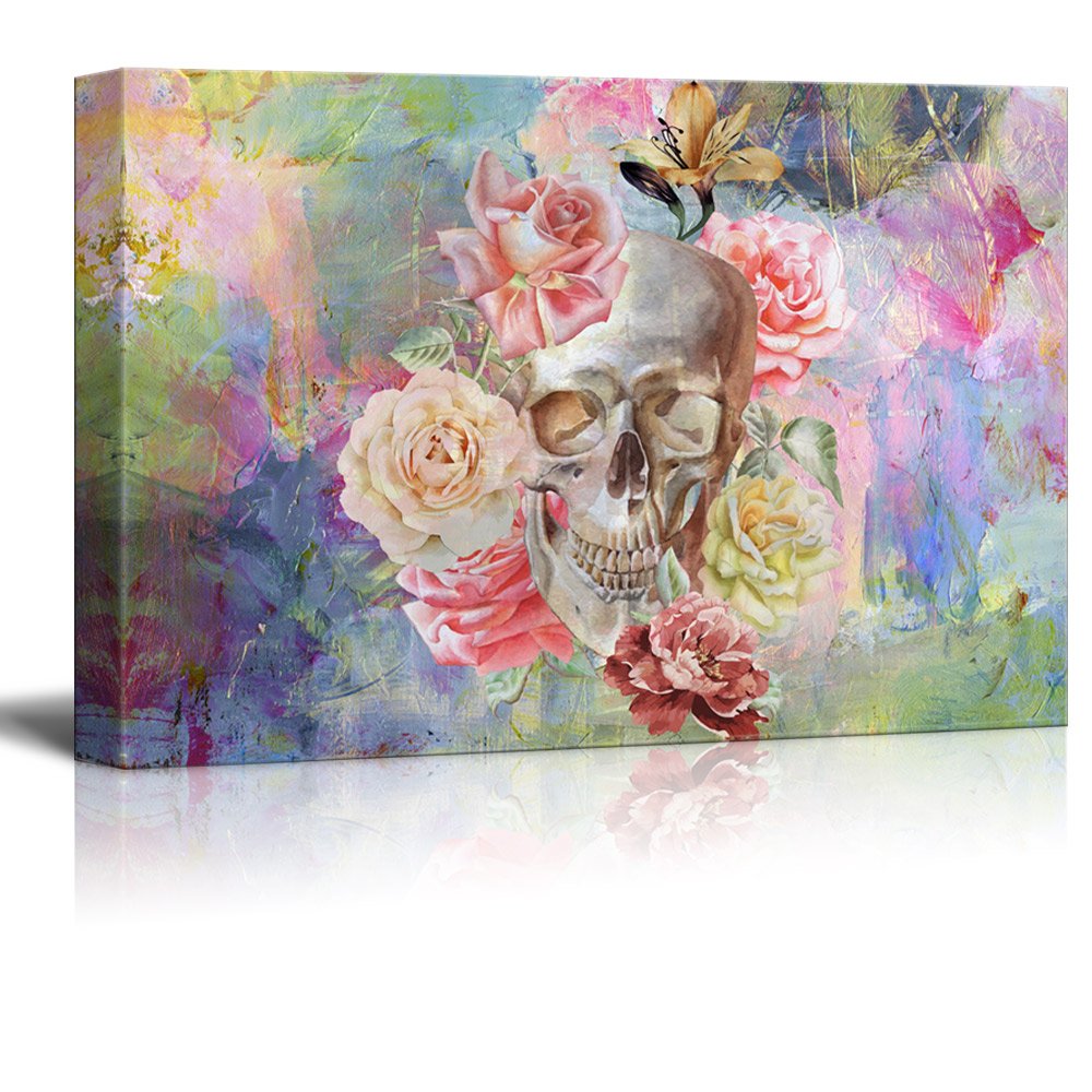 Wall26 - Canvas Print Wall Art - Skull And Roses On Abstract Background - Gallery Wrap Modern Home Art | Ready To Hang - 32X48 I