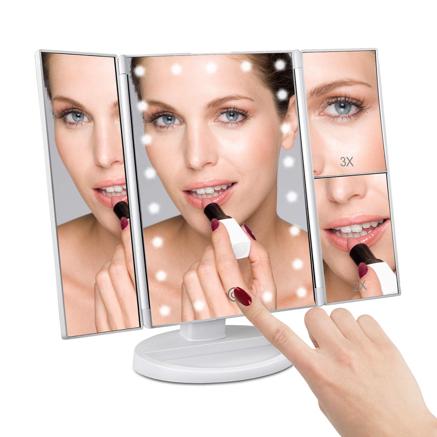 Deweisn Floor Mount Tri-Fold Lighted Vanity Mirror With 21 Led Lights, Touch Screen And 3X/2X/1X Magnification, Two Power Supply