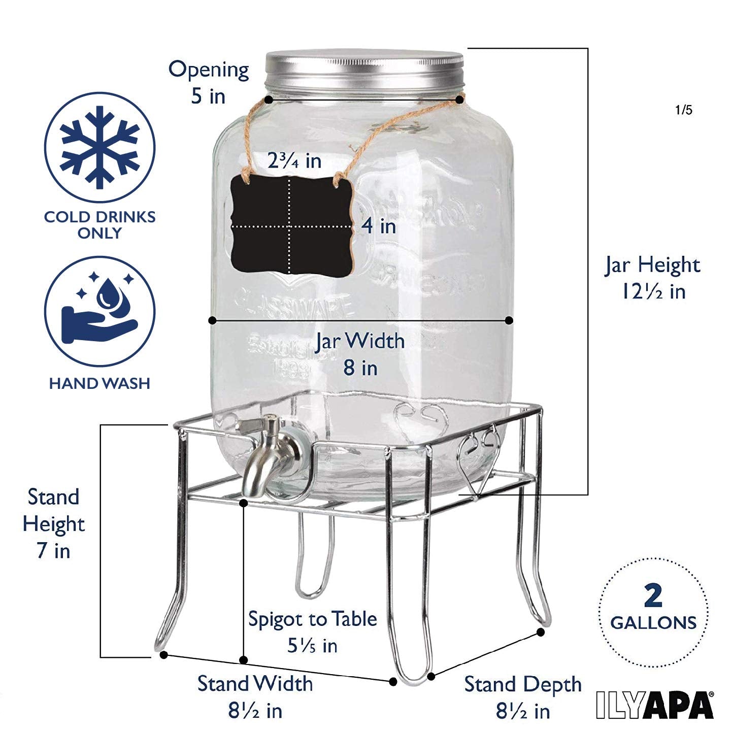 Ilyapa Outdoor Glass Beverage Dispenser with Sturdy Metal Base & Stainless Steel Spigot -2 Gallon Drink Dispenser for Lemonade  Tea  Cold Water & More