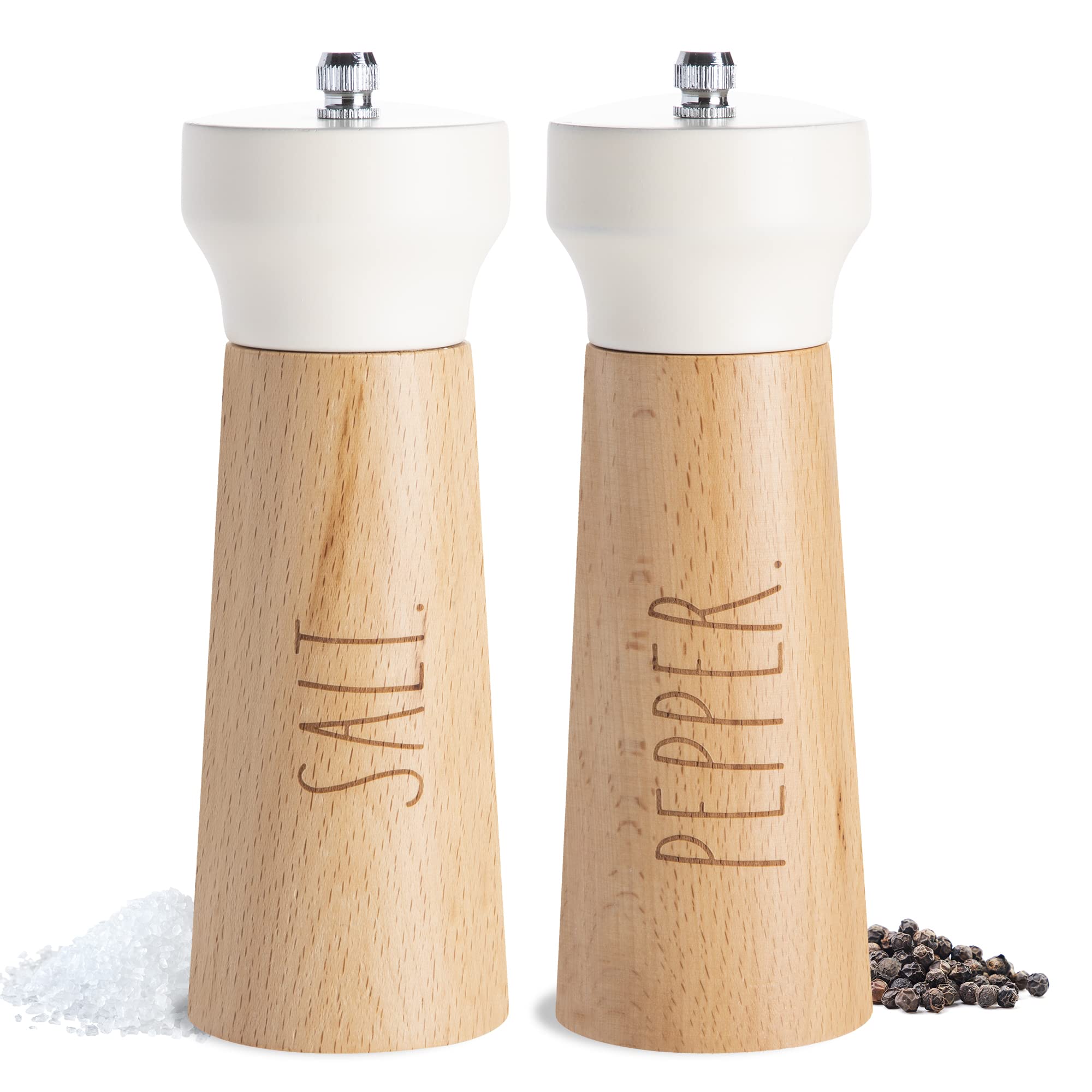Rae Dunn Set Of 2 - Bamboo Sea Salt Pepper Grinder - Classy Salt And Pepper Shakers - Pepper Mill & Salt Mill