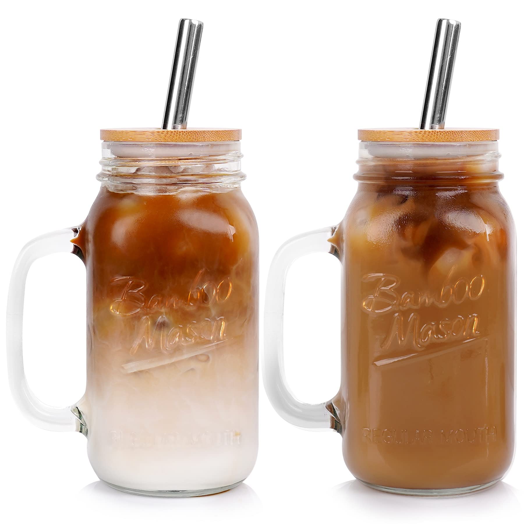 ANOTION Mason Jar with Lid and Straw, 24 oz Regular Mouth Mason Jars with Handle Drinking Glasses Tumbler Reusable Cups Smoothie