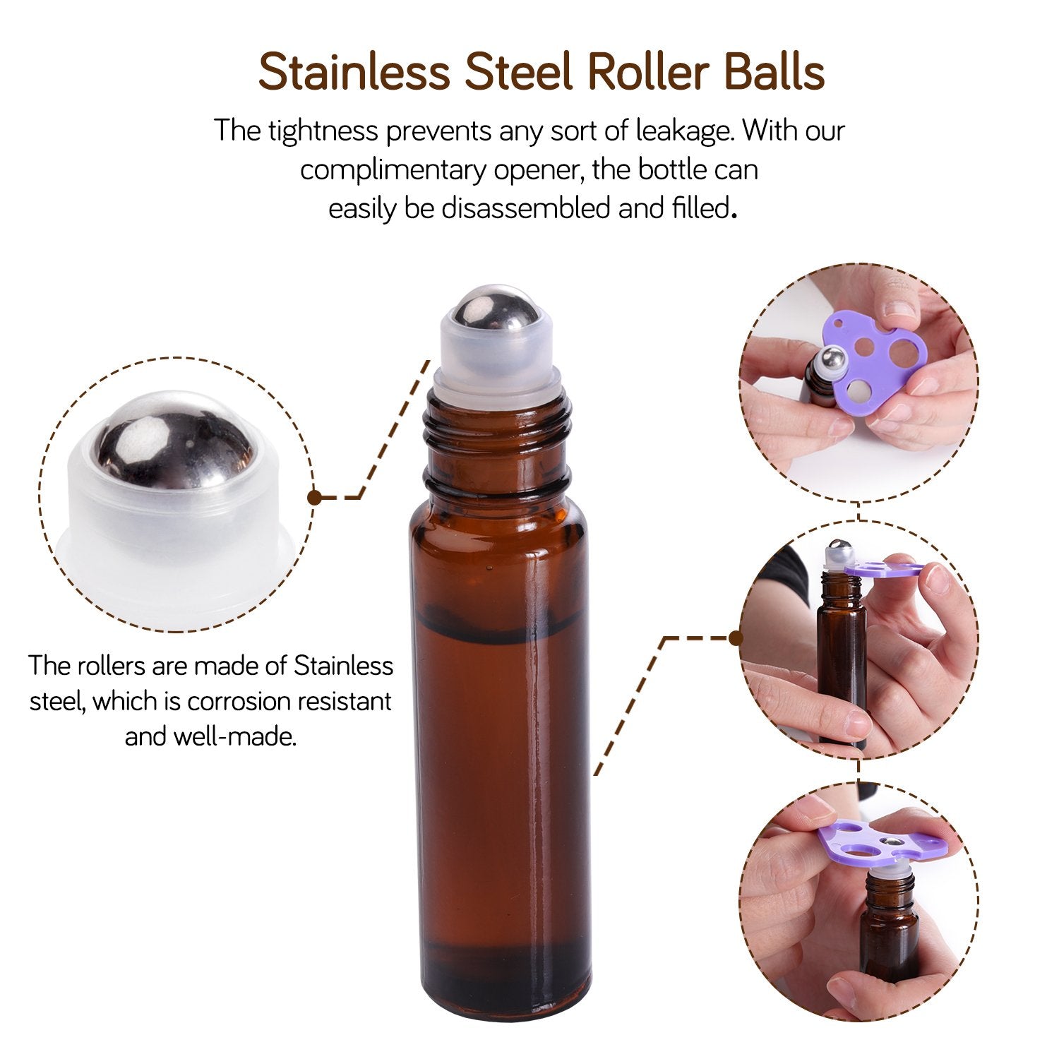 PrettyCare Essential Oil Roller Bottles 10ml (Amber Glass  12pack  2 Extra Roller Balls  24 Labels  Opener  2 Funnels Roller Balls  Roll on Bottles)