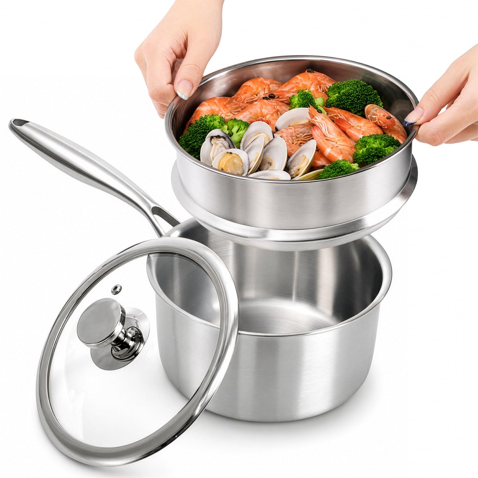 Peohud 316 Stainless Steel Saucepan with Steamer Basket, 2.5 Qt Small Steamer Pot with Lid, Heavy Duty Multipurpose Pot for Cook