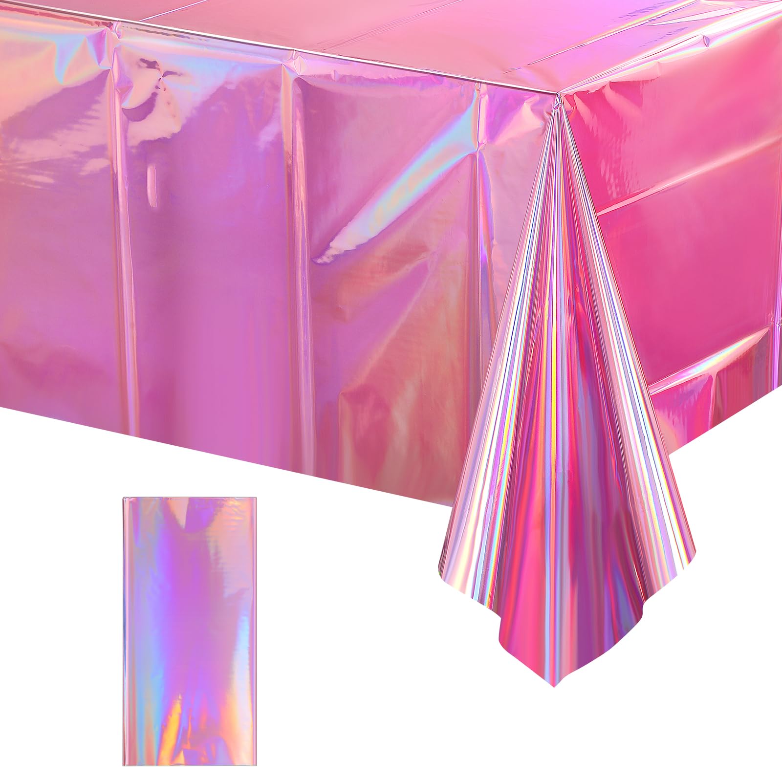 1 Pack Iridescent Pink Plastic Tablecloths, FunnyPars Shiny Disposable Laser Rectangle Table Covers, Holographic Foil Tablecloth