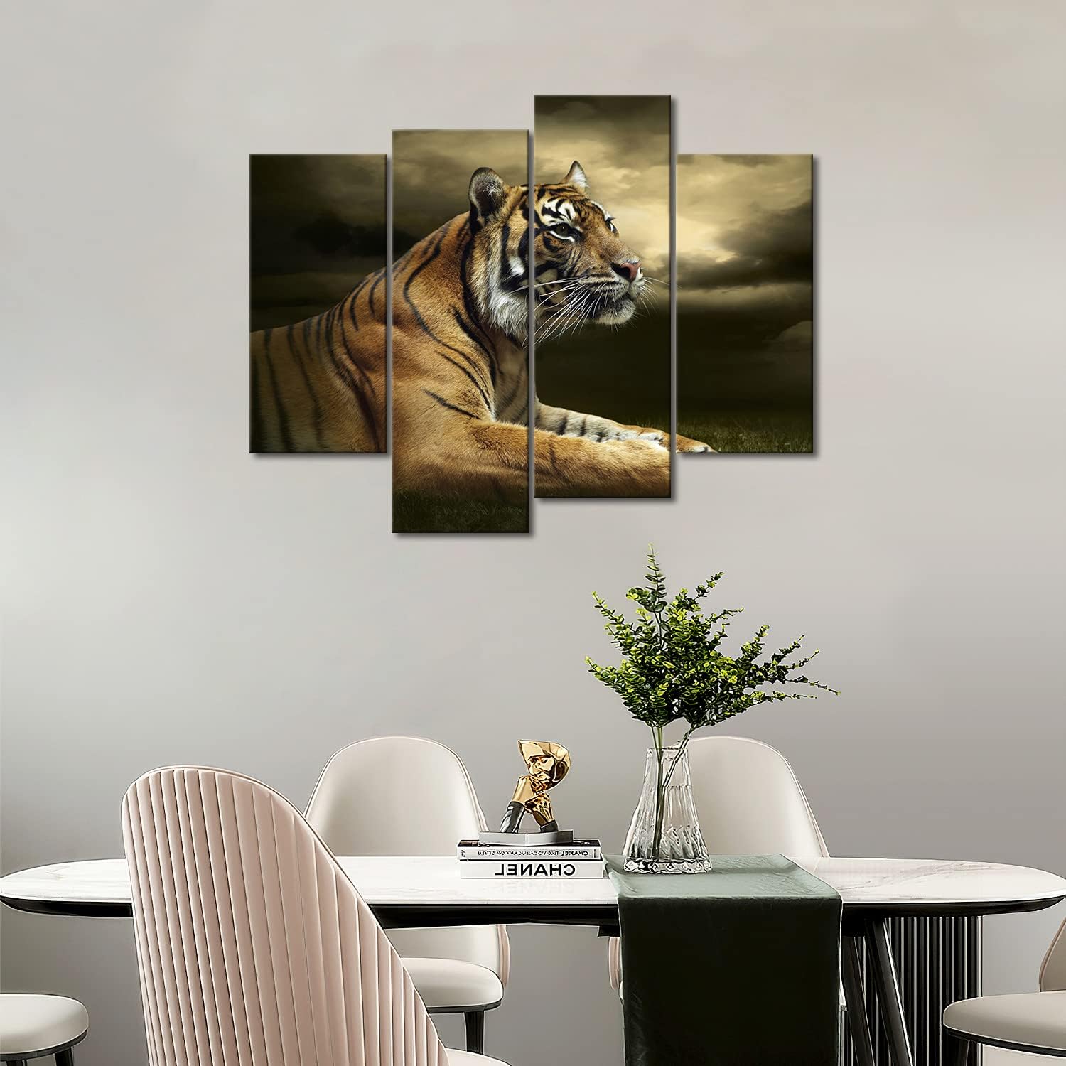 4 Panel Wall Art Tiger Looking and Sitting Under Dramatic Sky with Clouds Painting Pictures Print On Canvas Animal The Picture for Home Modern Decoration Piece Stretched by Wooden Frame Ready to Hang