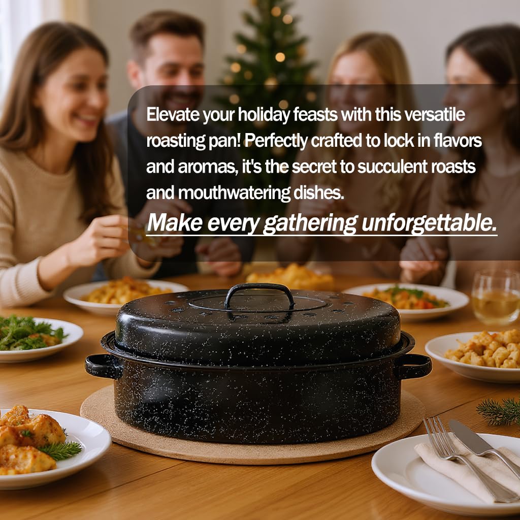 19    Turkey Roasting Pan Enamel Oval Granite Large Roaster Pan with Lid with 17in Inner Diameter Large Capacity Suitable for Th