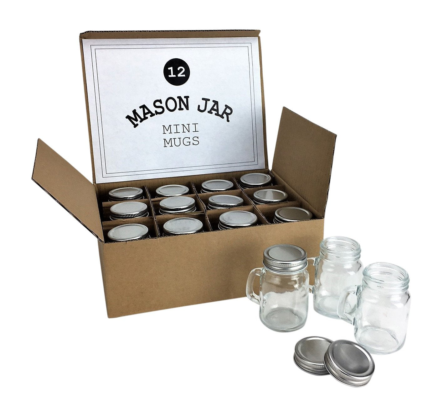 Mini Mason Jar 4 Ounce Mugs (Not Full Size) - Set Of 12 Miniature Glasses With Handles And Leak-Proof Lids - Great For Gifts, Dr