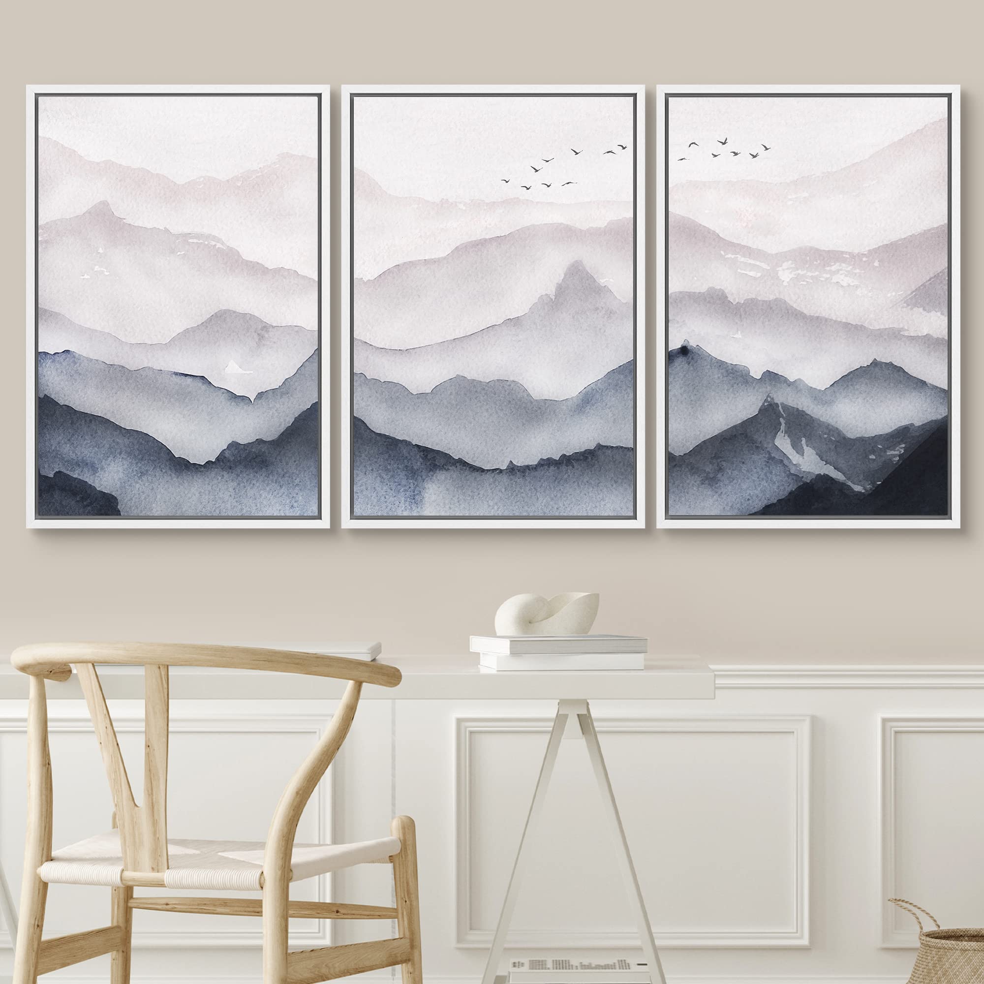 Signwin Framed Canvas Print Wall Art Set Blue Gray Mountain Range Fog & Mist Nature Wilderness Illustrations Modern Art Decorati