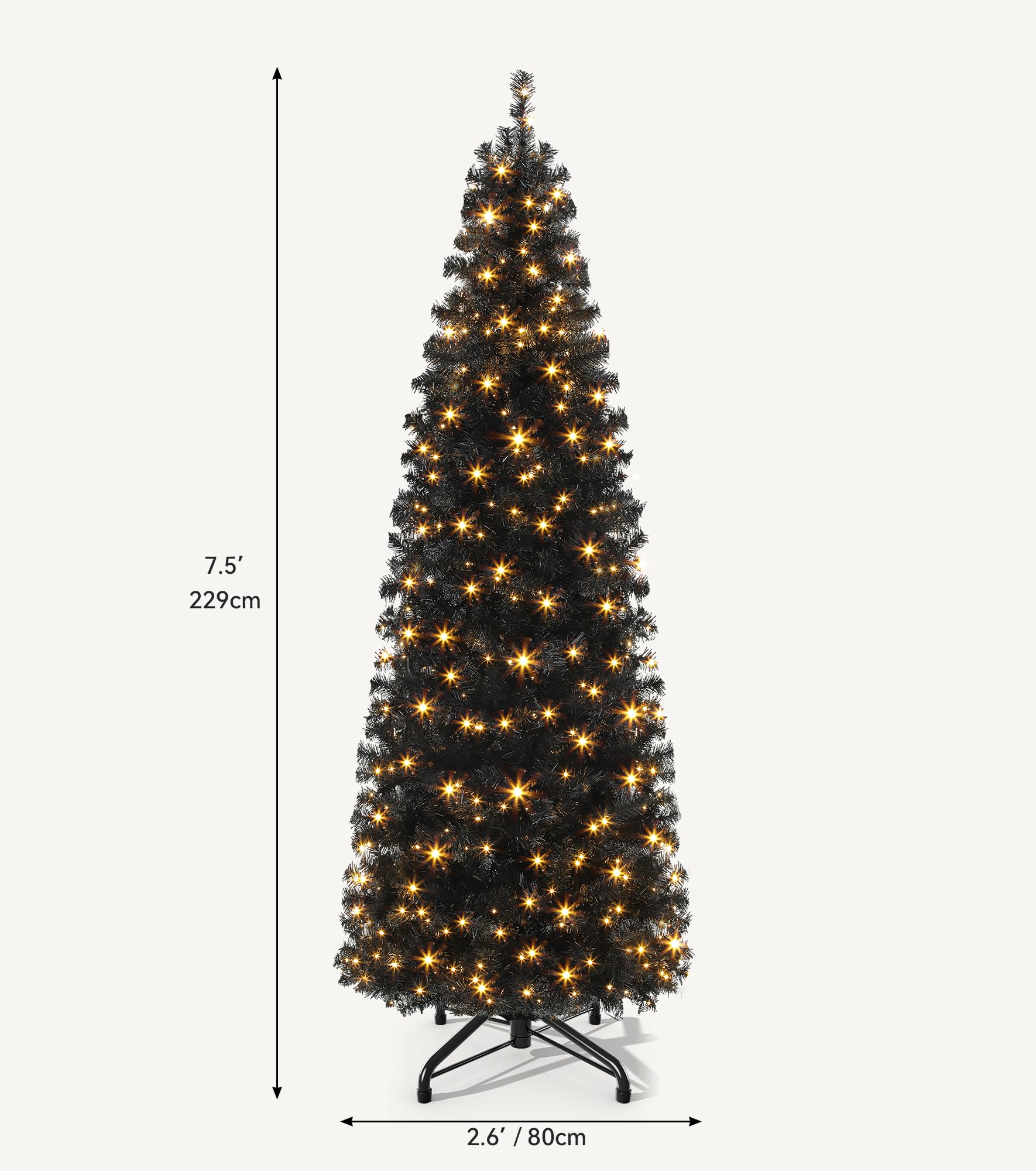 DWVO Pre-Lit Slim Artificial Pencil Tree 7.5ft, Black Hinged Design for Halloween and Christmas with 1000 Branch Tips and 350 Li