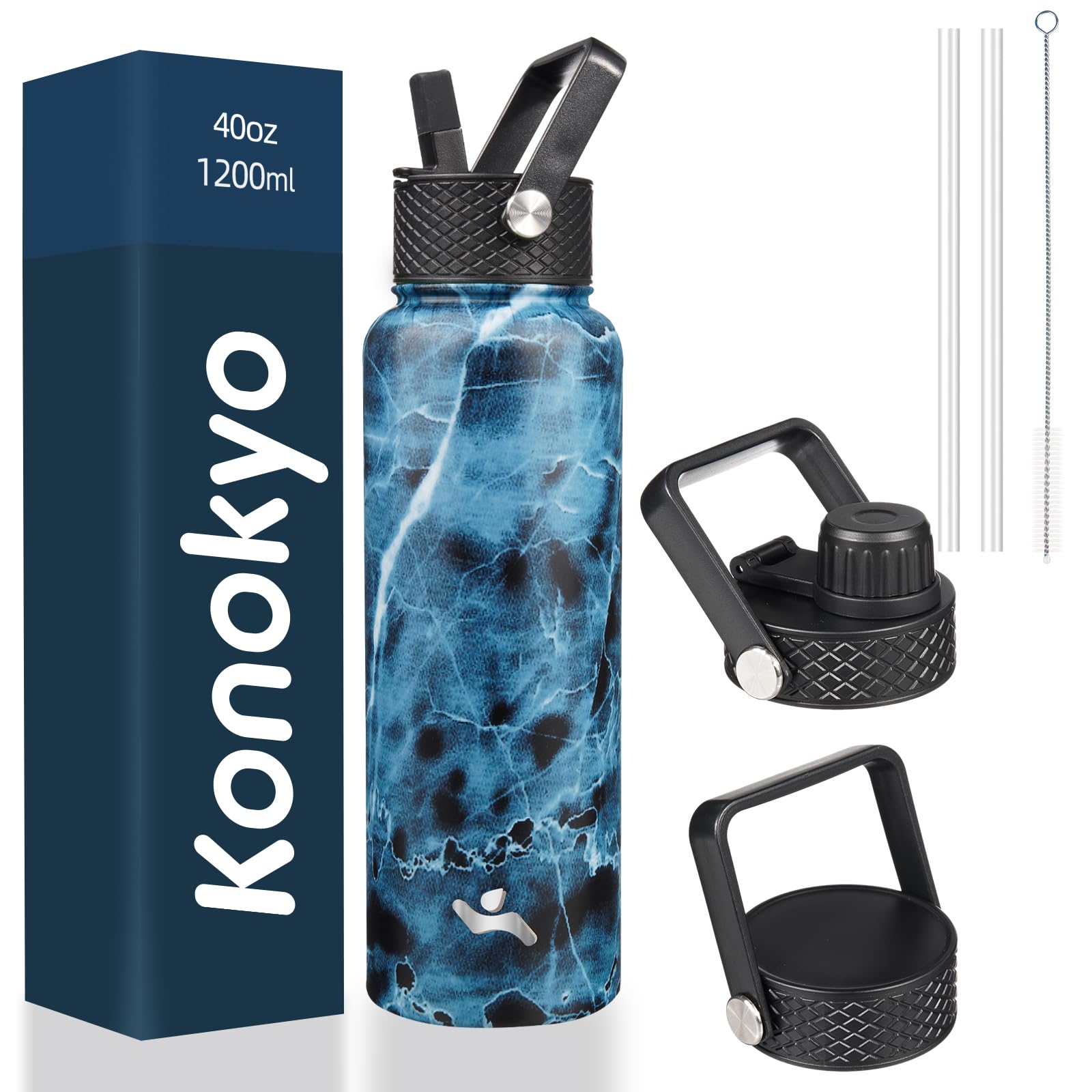 Konokyo 40oz Insulated Water Bottle Stainless Steel Sport Bottles with 3 Lids,Marble Ocean