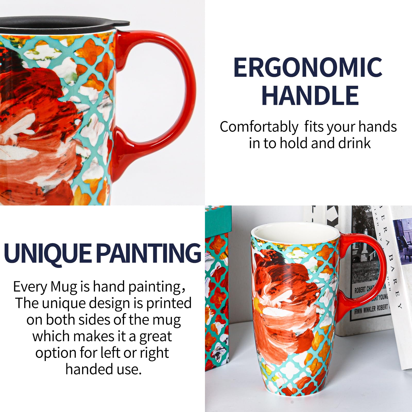 Topadorn Ceramic Coffee Mug Travel Cup Gift With Lid 17Oz., Porcelain Tall Tea Cup With Handle For Home & Office, Red Flower Art