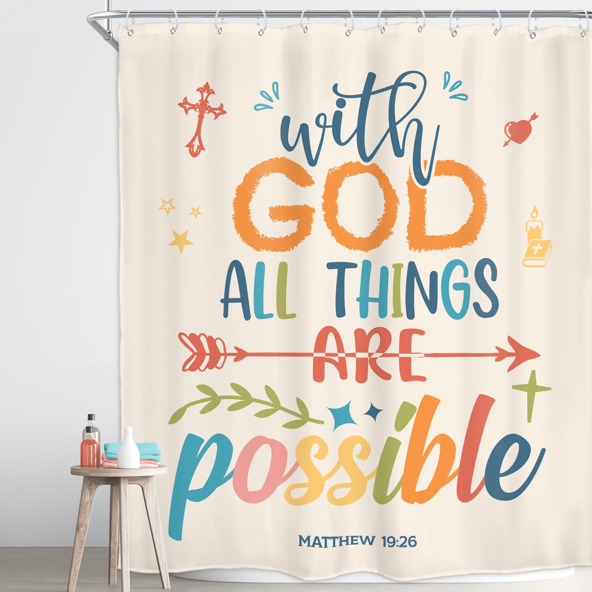 Homewelle Colorful Bible Verse Shower Curtain Inspirational Motivational Positive Quote Encouragement Scripture 60Wx72H Inch Mul
