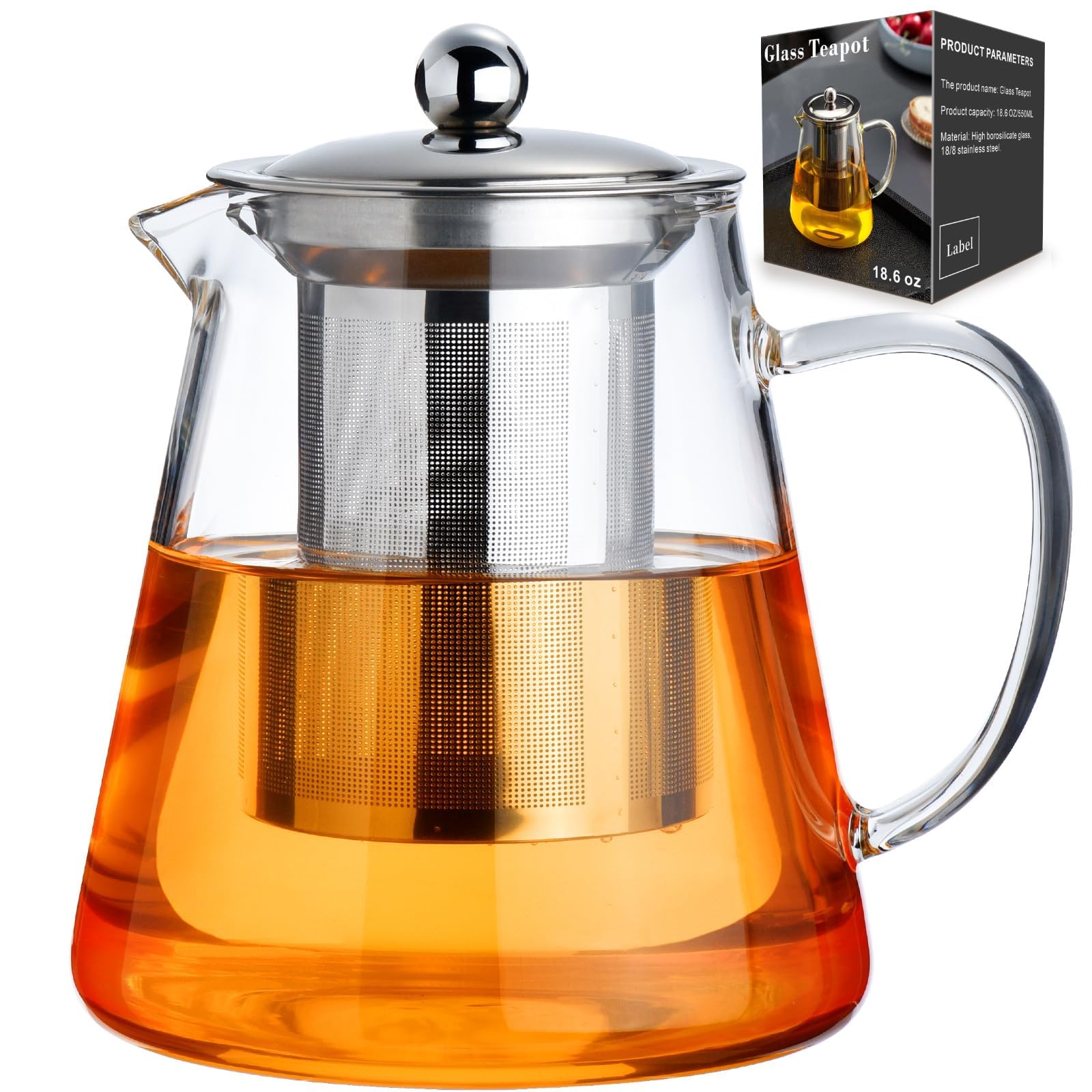Baalaka Glass Teapot 18.6oz/550ml, Tea Pot with Removable Infusers for Loose Tea, Borosilicate Glass Tea Kettle Tea Maker Stovet
