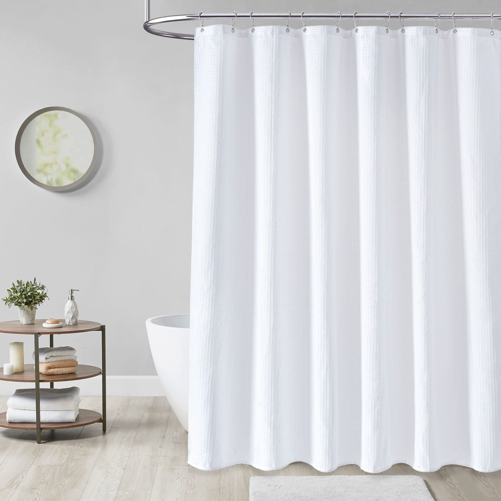 Dynamene White Fabric Shower Curtain  Waffle Weave Heavy Duty Hotel Luxury Cloth Shower Curtains for Bathroom  72 Inch 256GSM Weighted Bath Curtain Set with 12 Plastic Hooks 72x72