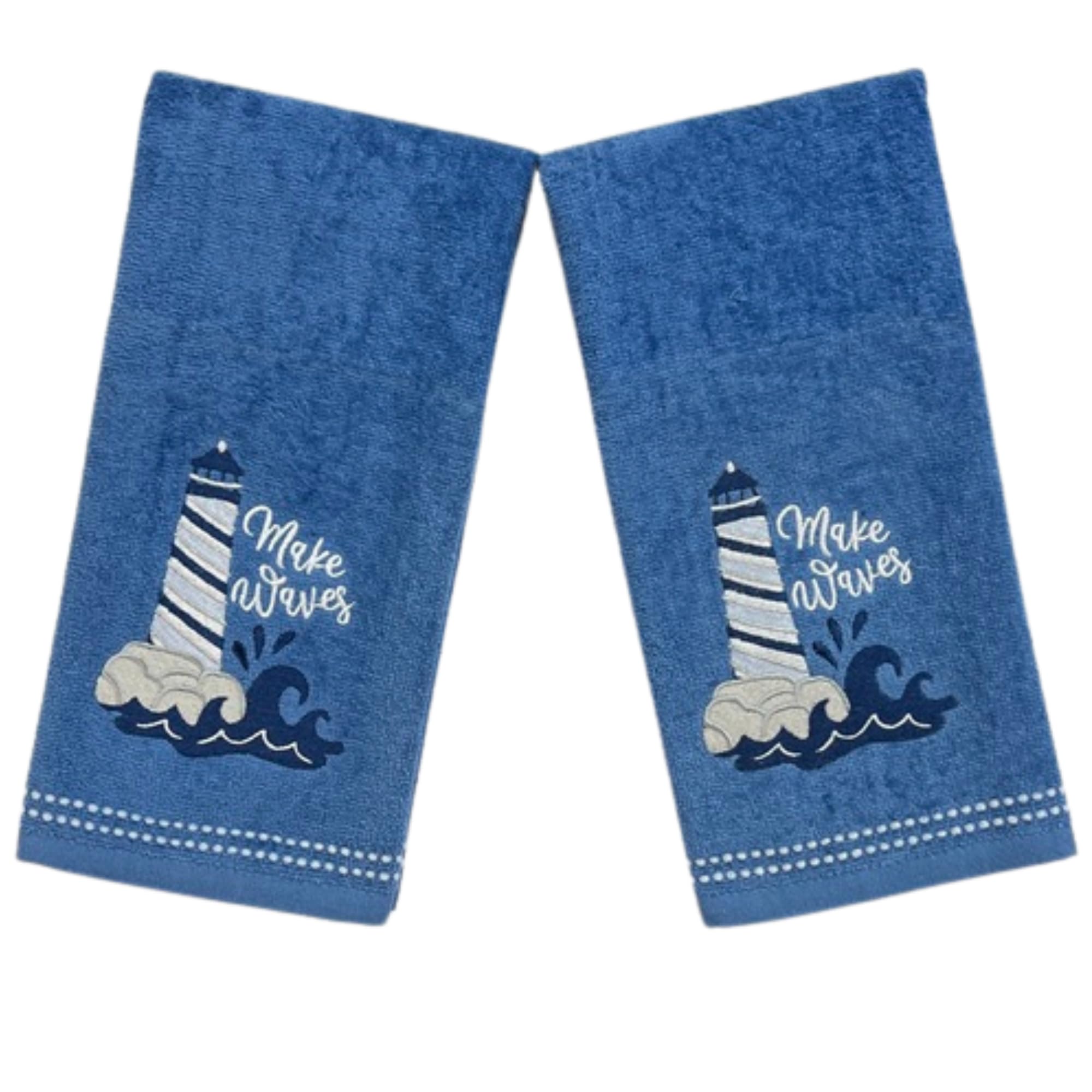 Serafina Home Coastal Lighthouse Bath Hand Towels, Embroidered Make Waves Lighthouse Waves 16 X 25 Inches, 2 Piece Set, Blue